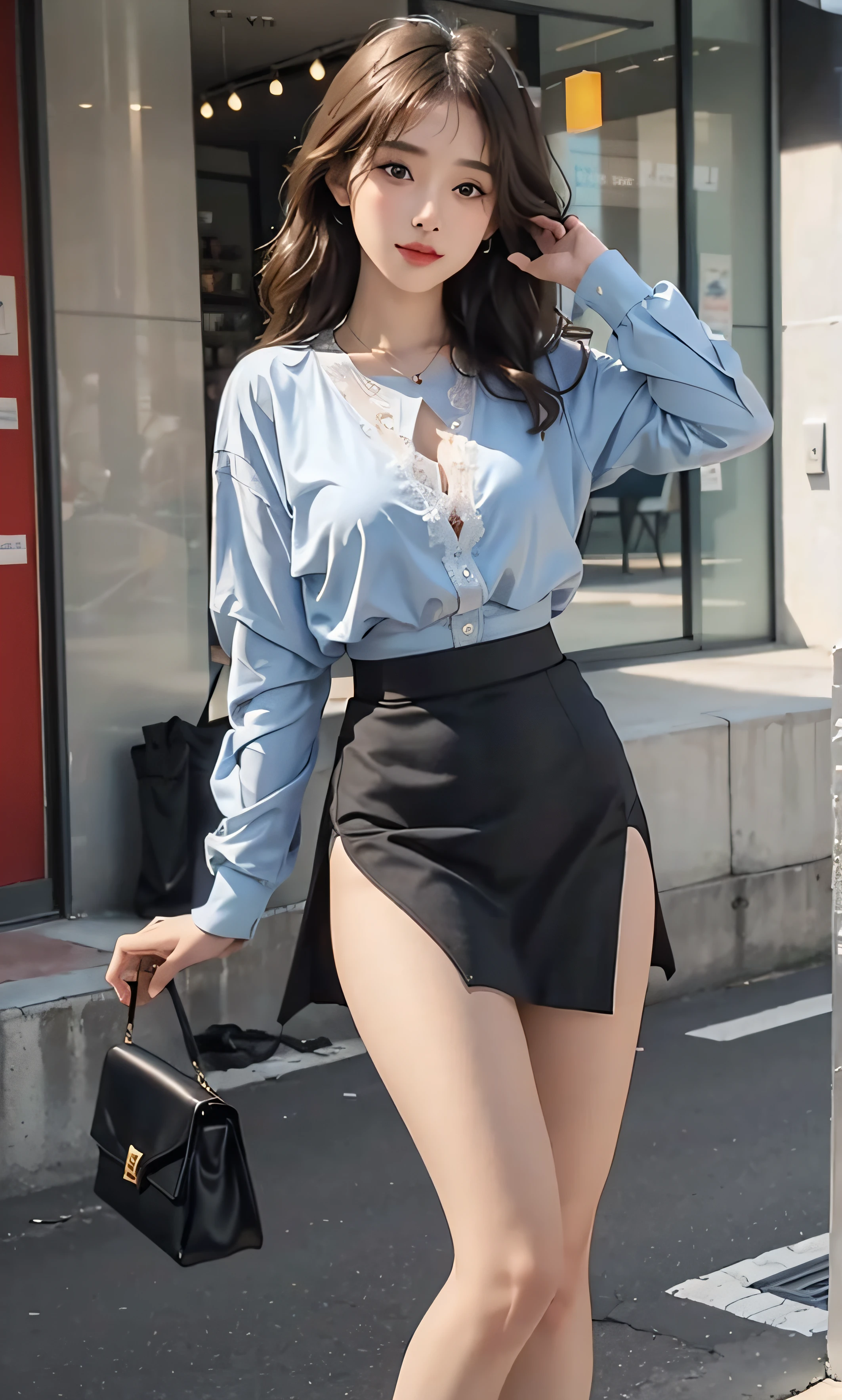 NSFW, cameltoes, Cameltoe-detail, nipple, hard nipple, ULZZANG-6500-V1.1, (RAW-Foto:1.2), (fotorealistisch:1.4), beautiful detailed girl, sehr detaillierte Augen und Gesicht, beautiful detailed eyes, ridiculous, Unbelievably ridiculous, huge filesize, super detailliert, hight resolution, sehr detailliert, best quality, Meisterwerk, ((Modekleidung mit verschiedenen Farben, String unten mit Strumpfband)), Illustration, sehr detailliert, CG, vereinheitlicht, 8k Hintergrundbild, amazing, Feine Details, Meisterwerk ,best quality, sehr detailliertes CG-Uniform-8k-Hintergrundbild, Licht im Gesicht, Filmbeleuchtung, 1girls, , Langer gewellter brauner Pferdeschwanz, lockiges Haar, Seitliche Schlitze, (big breasts), ()), (Brille), ((Dynamische Pose))), ((sexy Pose))), (Kamel-Zeh), (half), (Strumpfhose)), ((blue waist skirt))