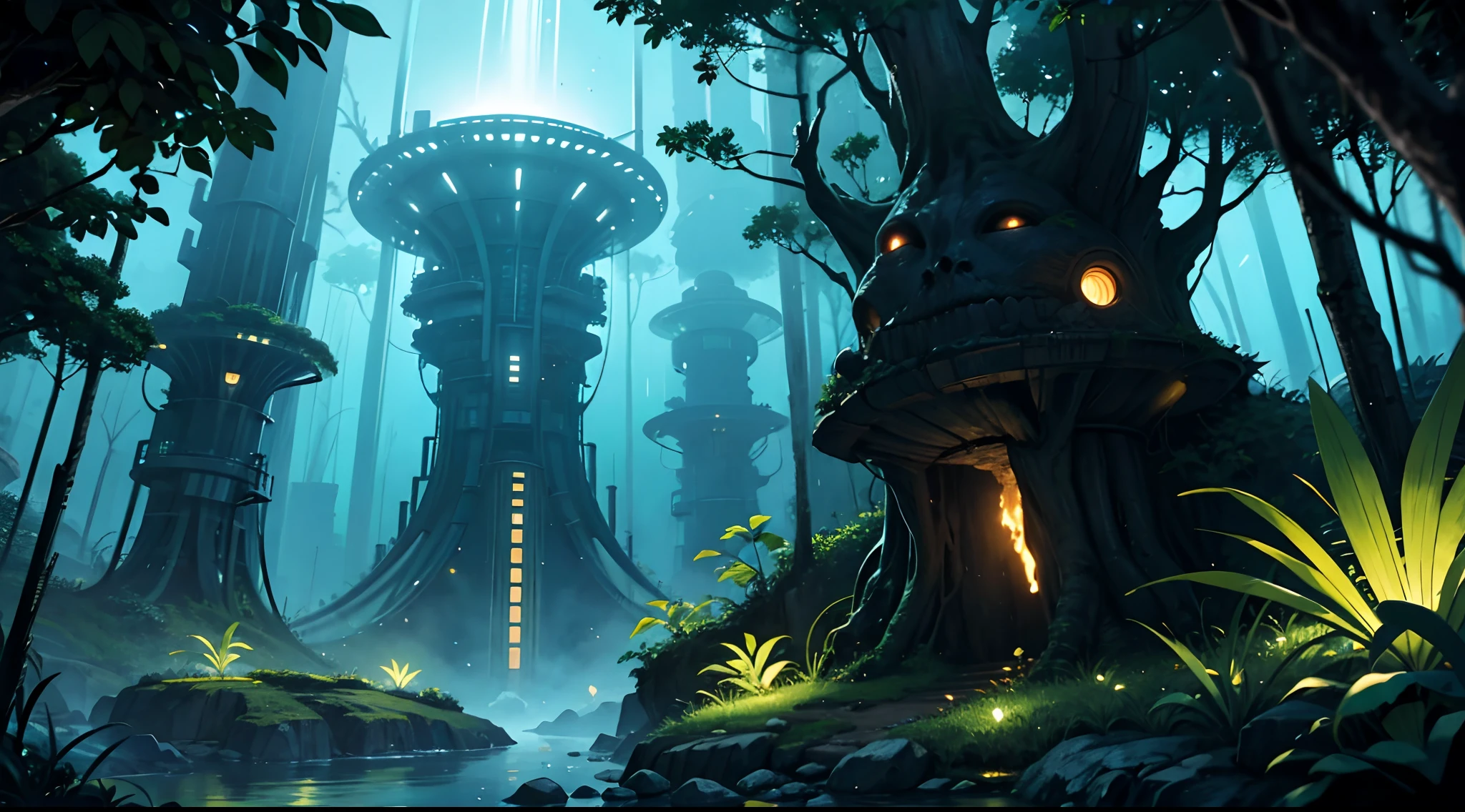 A spaceman in a futuristic suit, venturing into a mesmerizing alien rainforest. Towering, bioluminescent plants and alien creatures surround them, as they navigate through the lush foliage. The scene is a captivating blend of extraterrestrial beauty and the unknown wonders of space. Best quality, intricate details, clean lines, eye-catching composition, soft tones, anime realism, perfect illustration