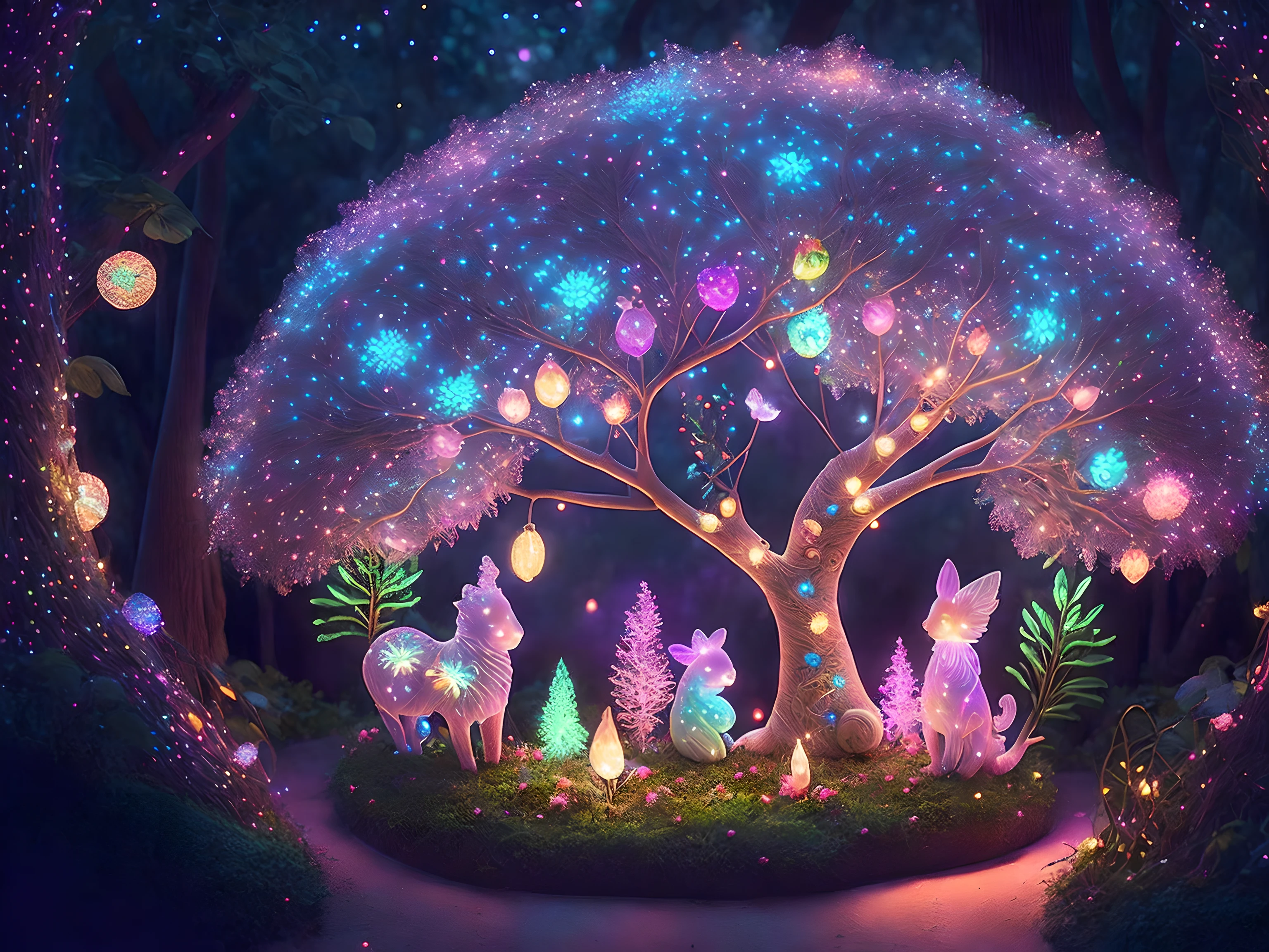 An intricate and stunning display of fairy lights, with glowing pastel lights, delicately wrapped around trees in the jungle, there are vibrant colors all around in the flowers, Nighttime, ambient moonlight, fantasy style, cute fairylike creatures dwell there