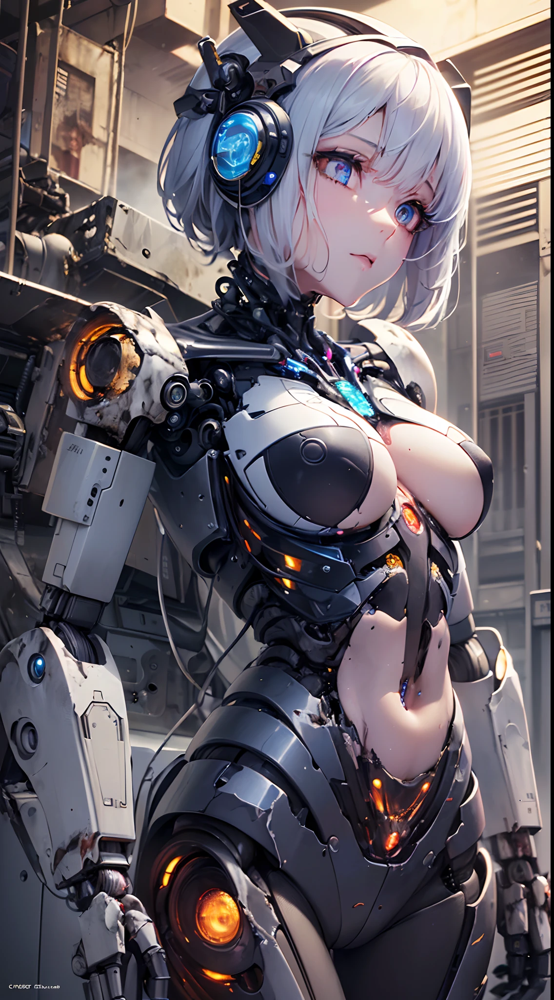 ((Finest quality)),(超A high resolution),(ultra-detailliert),(Meticulous portrayal),((Best Anime)),(Finest works of art),,Dirty air:1.2, Sci-fi art at its finest.,Cyber City of Detailed Depiction, (Machine Body Woman:1.6),(The eyes of a machine that has lost its light:1.3),(destroyed body:1.8),Internal mechanism of detailed depiction:1.2