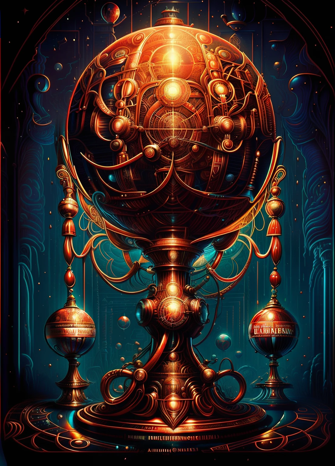 a close up of a poster with a large red sphere on a pedestal, dan mumford and alex grey style, dan mumford tom bagshaw, in the style dan mumford artwork, ( ( ( ( ( dan mumford ) ) ) ) ), in the art style of dan mumford, dan mumford and peter mohrbacher, el bosco and dan mumford