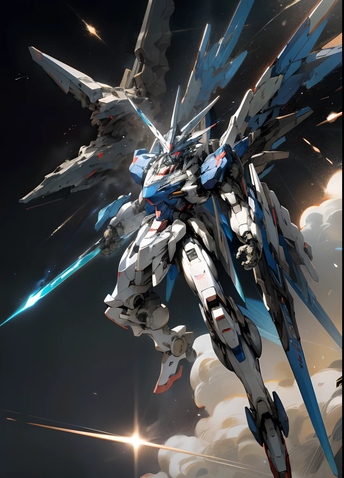 Surrealism, ray tracing, UHD, high details, 8k, best quality, textured skin, Gundam mech, mecha dragon, masterpiece, best quality, mecha, unmanned, (full body), (blue mech: 1.5), (axisymmetry: 1.4), (HDR), (movie light: 1.1), red eyes, cool, science fiction, fire, laser cannon beam, war, conflict, Space looking down on the background of the earth with weapons in hand, (holding huge weapons: 1.5), holding oversized shields, mecha men,