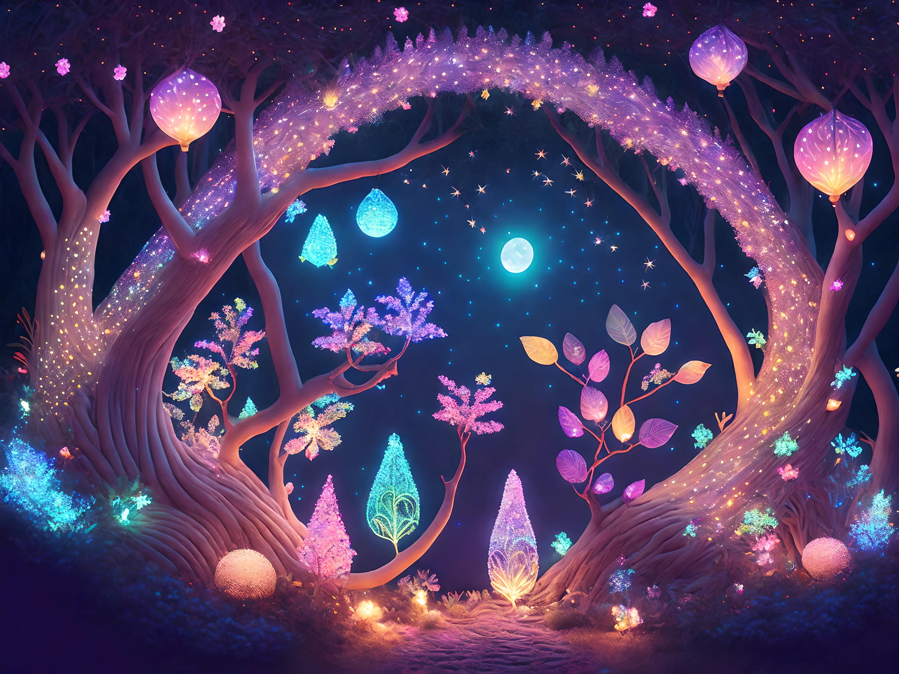 An intricate and stunning display of fairy lights, with glowing pastel lights, delicately wrapped around trees in the jungle, there are vibrant colors all around in the flowers, Nighttime, ambient moonlight, fantasy style, cute fairylike creatures dwell there