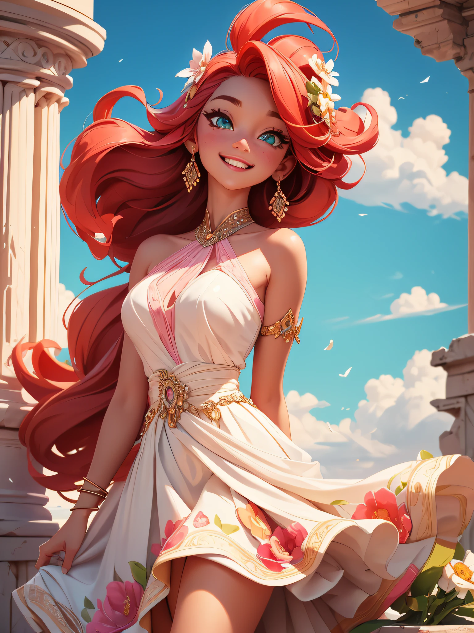 lady in a beautiful dress leaning against a broken column, in the aurorapunk style, colorful arrangements, gongbi, happycore, made of flowers, elegant, attractive, She is wearing a delicate pink dress with fabulous fabric. Average height, long curly red hair, white and delicate skin, green eyes with brown spots, oval face, unforgettable smile, sweet and bright smile, raised corners of the mouth. landscape of a historic greek ruins in the background, blue sky. perfection, cinematic, intricate, insanely detailed, niji style, vray tracing, global illumination, HDR, 32k