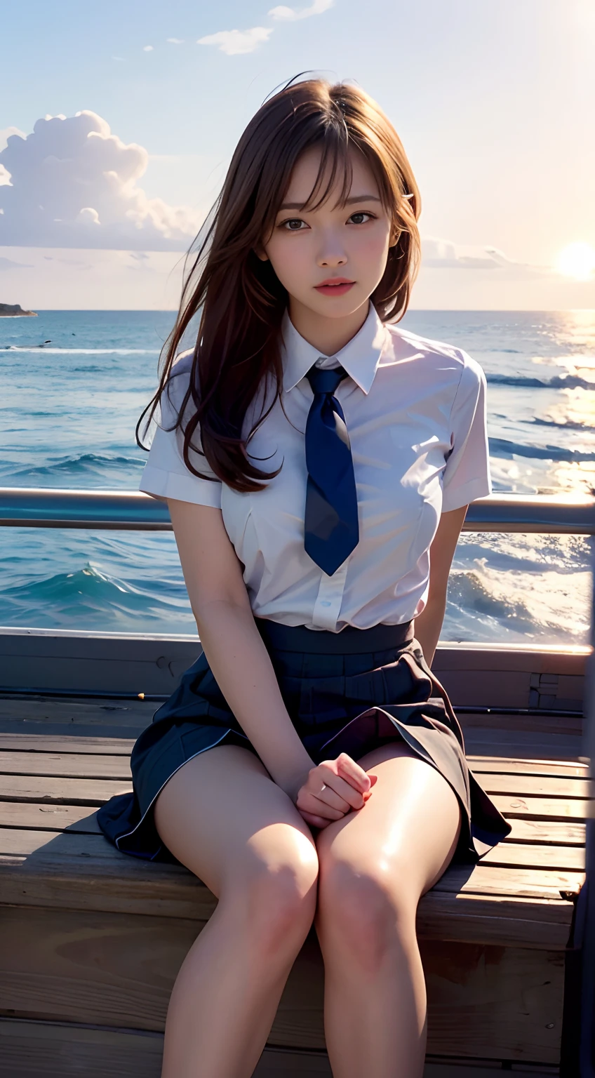 ultra highres,(reality: 1.4),highest quality, masterpiece, high detail, 16K quality, beautiful, 1 beautiful girl,japanese,super beautiful face,,japanese idol face,cute face,super detailed face,detailed hand,beautiful skin,sweaty skin,big eyes,big smile,profeccional lighting,medium hair, black hair,brown beautiful eyes, white shirt,open shirt,cleavage,((sitting with knee up)),((spread legs)),(((show off panty))),white panty,checked skirt,skirt lift,medium breasts,high socks,she is looking at the camera,beach,beaytiful blue ocean,blue sky,nsfw,from front,