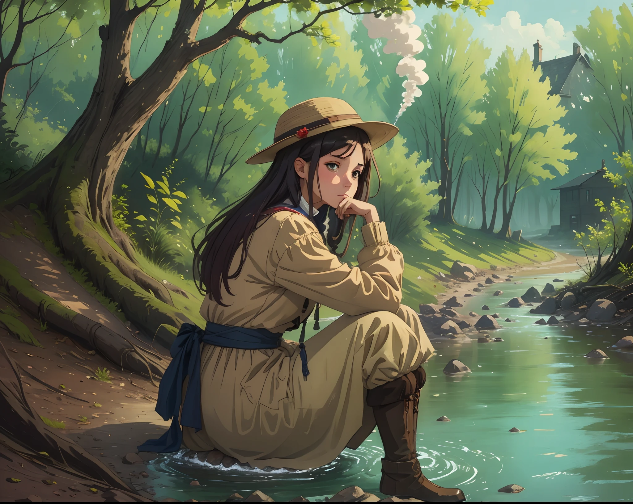 Peasant girl sitting on the edge of the river under a tree; in the background a humble hovel with a chimney coming out smoke --auto --s2