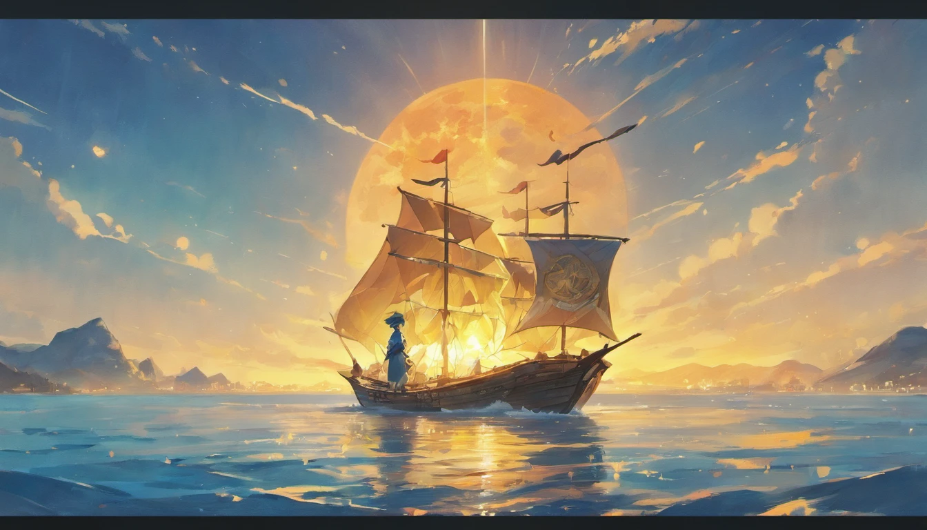 Draw boats in golden mountains and lakes of the sun, moon and sun,Huge sails，dreamlike digital painting, fantasy digital painting, fantasy. gondola boat, Chinese style painting, digital cartoon painting art, glossy digital painting, Chinese painting style, Digital fantasy painting, 8k resolution digital painting, 8 k resolution digital painting, Fantasy landscape painting, A beautiful artwork illustration, 4 k digital painting