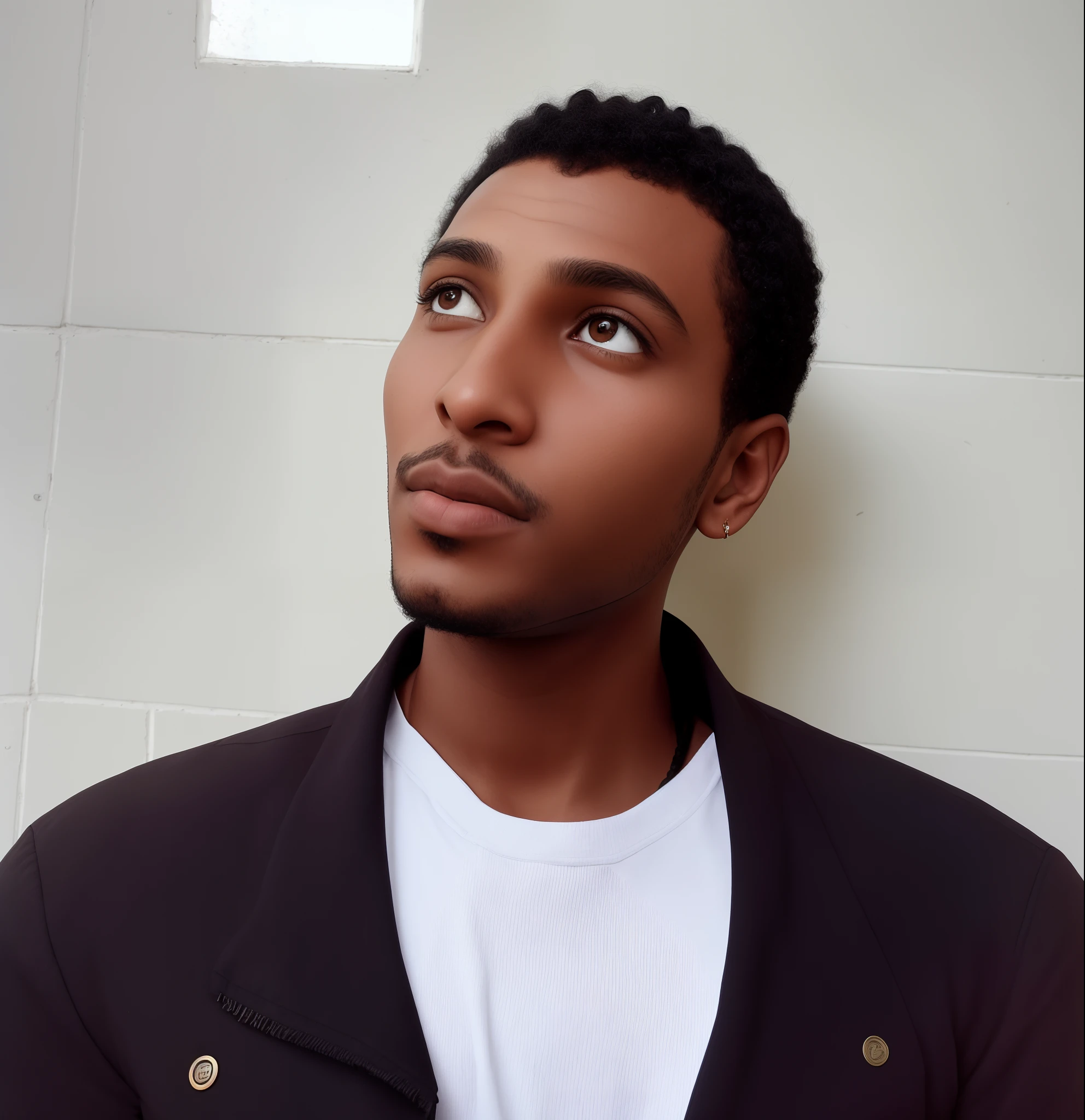 there is a man that is looking up at something, riyahd cassiem, mohamed chahin, atef, east african man with curly hair, ismail, profile portrait, by Afewerk Tekle, inspired by Afewerk Tekle, around 1 9 years old, profile shot, by Ismail Gulgee, mohamed reda, inspired by Ibram Lassaw