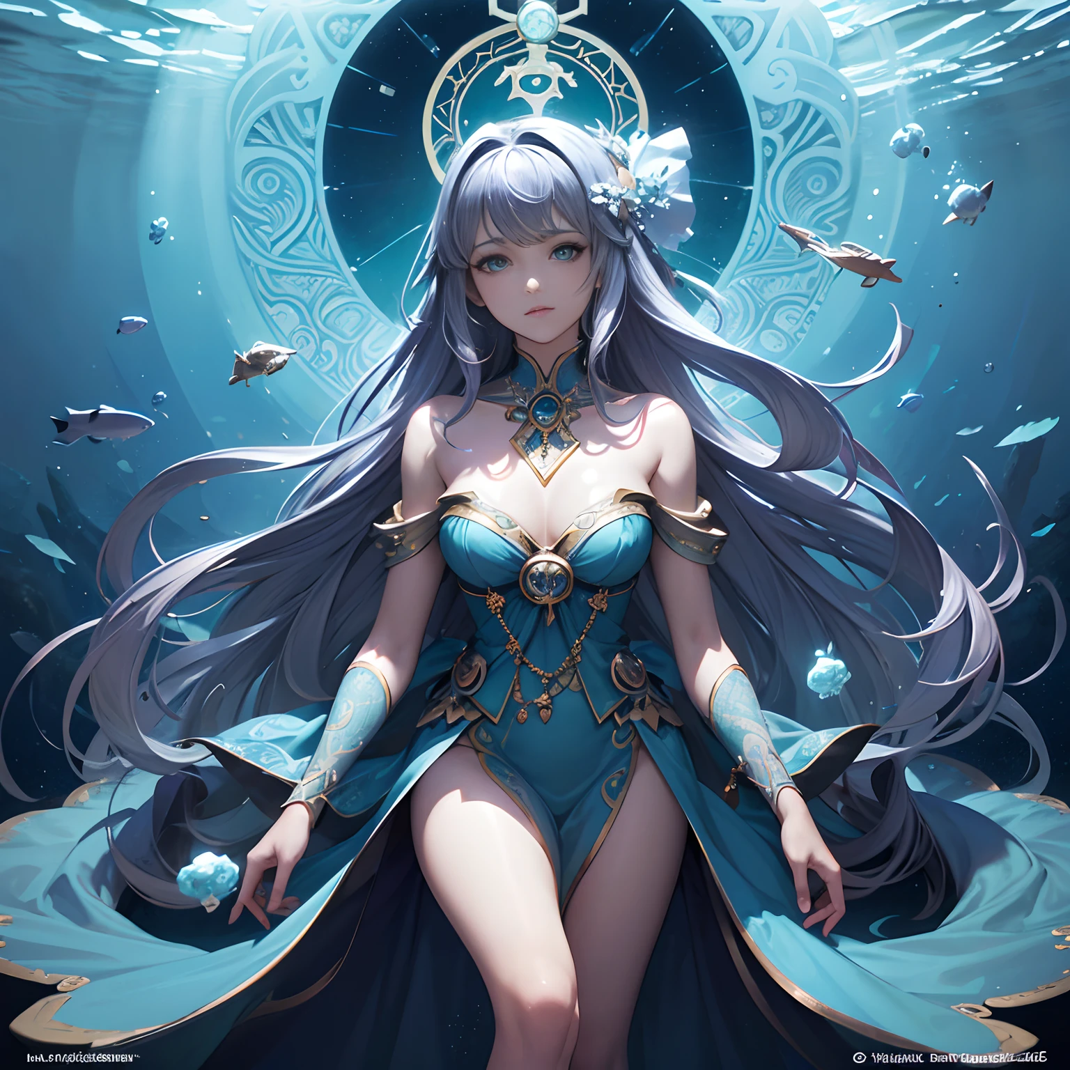 masterpiece, best quality, Alphonse Mucha, art nouveau,
 (tarot card style:1.3),  tarot framework with deep-sea motifs,  
(dark shot:1.2), blue theme, dark and glowing,
1girl, grey brond hair, absurdly long hair, ponytail, upper body,  from side, looking at viewer, 
underwater flowers,
In the enigmatic depths of the ocean, a luminescent princess adorned with seashell and scale-inspired attire, among bioluminescent creatures, ancient underwater ruins, and vibrant coral reefs, where darkness and light coalesce to reveal the secrets of the deep,
Deep-sea creatures such as jellyfish, anglerfish, coelacanths, manta rays, an underwater princess character with fish scale and seashell-inspired dresses and accessories, colorful coral reefs and seagrass, gems and seashells, bioluminescent and fluorescent phenomena, bubble motifs, underwater architecture like ancient ruins or underwater castles, water currents and ripples, contrast between deep-sea darkness and emitted light,
cinematic lighting, dynamic lighting, intricate details, hyper realistic lifelike 3d,