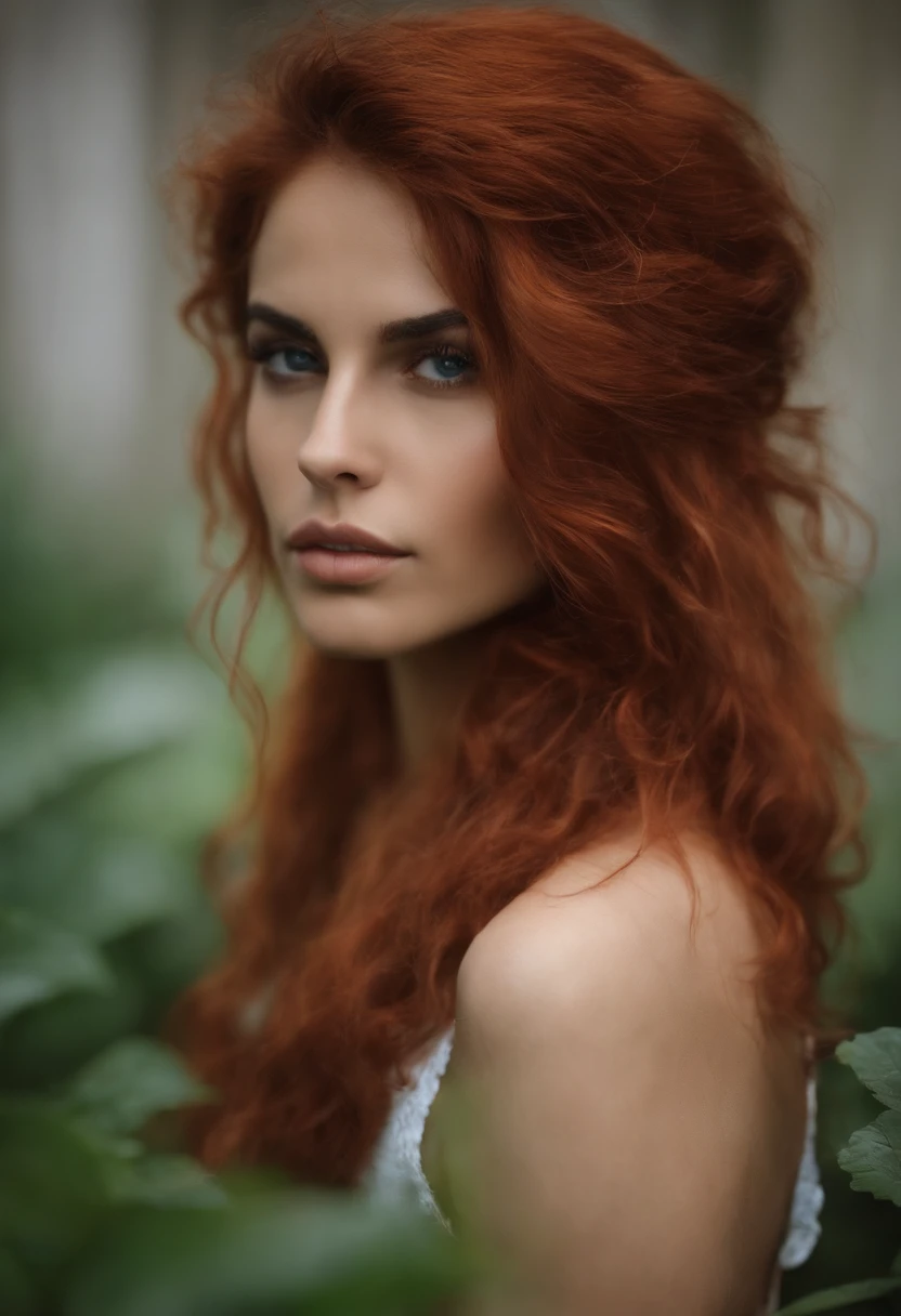 Mulher de pele vermelha com orelhas de raposa e rabo de raposa ela tem cabelos grandes,Long and messy the normal face of a human being, Contudo, ela tem um fucinho pequeno, She also has yellow eyes, She has an eye patch and has big breasts but not exaggerated she is facing the screen he is in red sweter