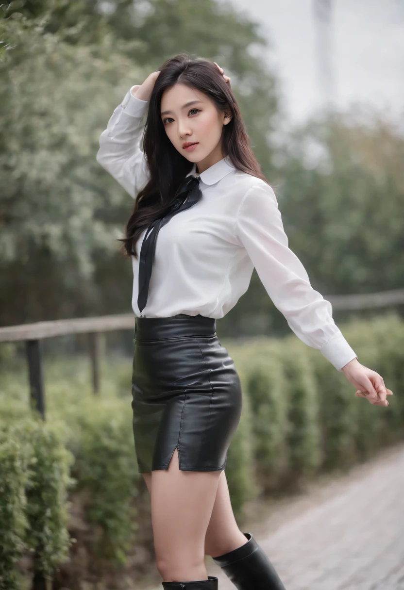 Black leather gloves, black leather tight skirt, white blouse, black leather long boots, black hair straight Japanese girl