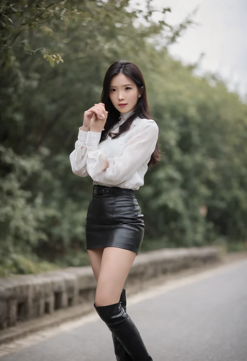 Black leather gloves, black leather tight skirt, white blouse, black leather long boots, black hair straight Japanese girl
