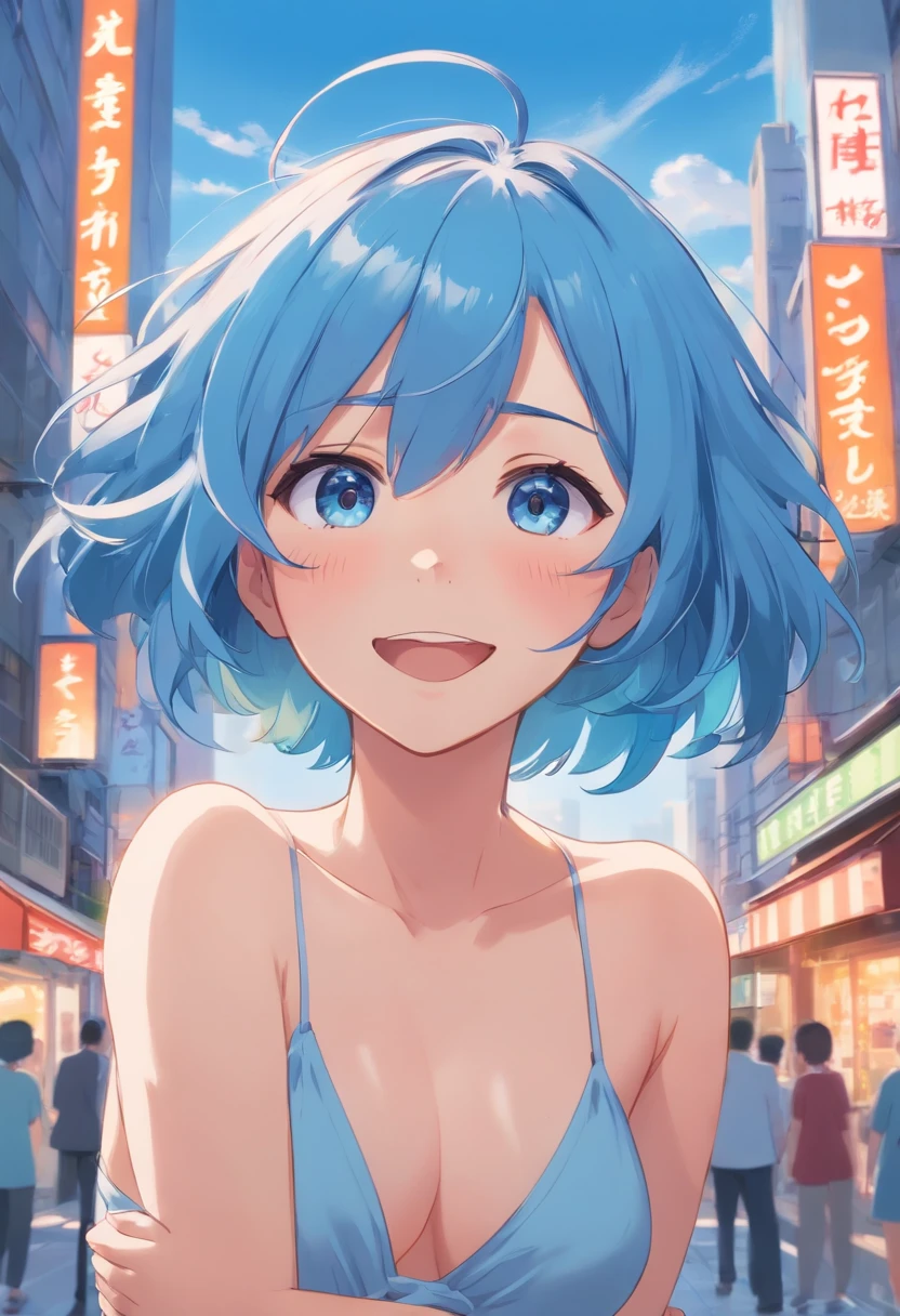 lightblue hair，Short Bob Hair Girl，blue color eyes，Beth，busy cityscape、(((fullnude)))、((Happy expression on face))