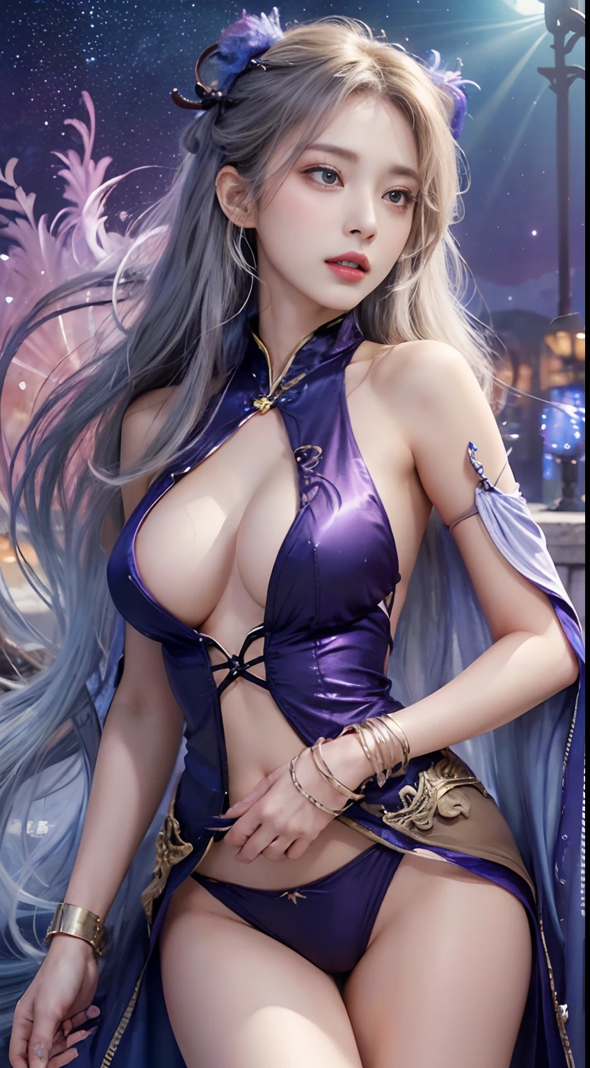 (masutepiece, of the highest quality, Best quality, Ultimate detail, suprem details, offcial art, Beauty and aesthetics: 1.2), Asian girl, Rust, Wait for the return, Bare thighs, Bare pubic hair, hyoon , Exposed beautiful, Color, upperbody shot, Beautiful face, Solo, Perfect figure, Flying in the sky, Portrait of a girl, Silver gradient hair, Brunette hair, Fairy Tail, Flowing streamer, (Sexy, Display format, Show your: 10), suns rays, Clouds, Hanfu, Chinese clothes, water, glowworm , Night, Starry sky, jewelry, Feathers in dresses, Peacock feathers, light particules, voluminetric lighting, Ray tracing (Flowing streamer: 1.1), (fantasy: 1.2), Illuminator, stars, fantasy, High contrast, Ink strokes, Overexposure, purple and red tone impression, abstracted, (Watercolors by Bucky and Jerey Maiman)) Brush Strokes,