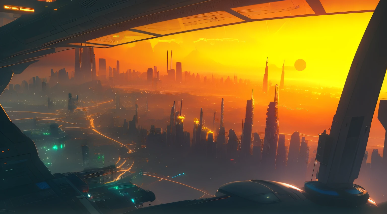 arafed view of a city with a sunset in the background, cyberpunk landscape wallpaper, sunrise over solar punk city, 4k solarpunk wallpaper, beautiful city of the future, cyberpunk city in the distance, in a future city, bastien grivet, futuristic painting, inspired by sylvain sarrailh, concept art wallpaper 4k, futuristic city backdrop