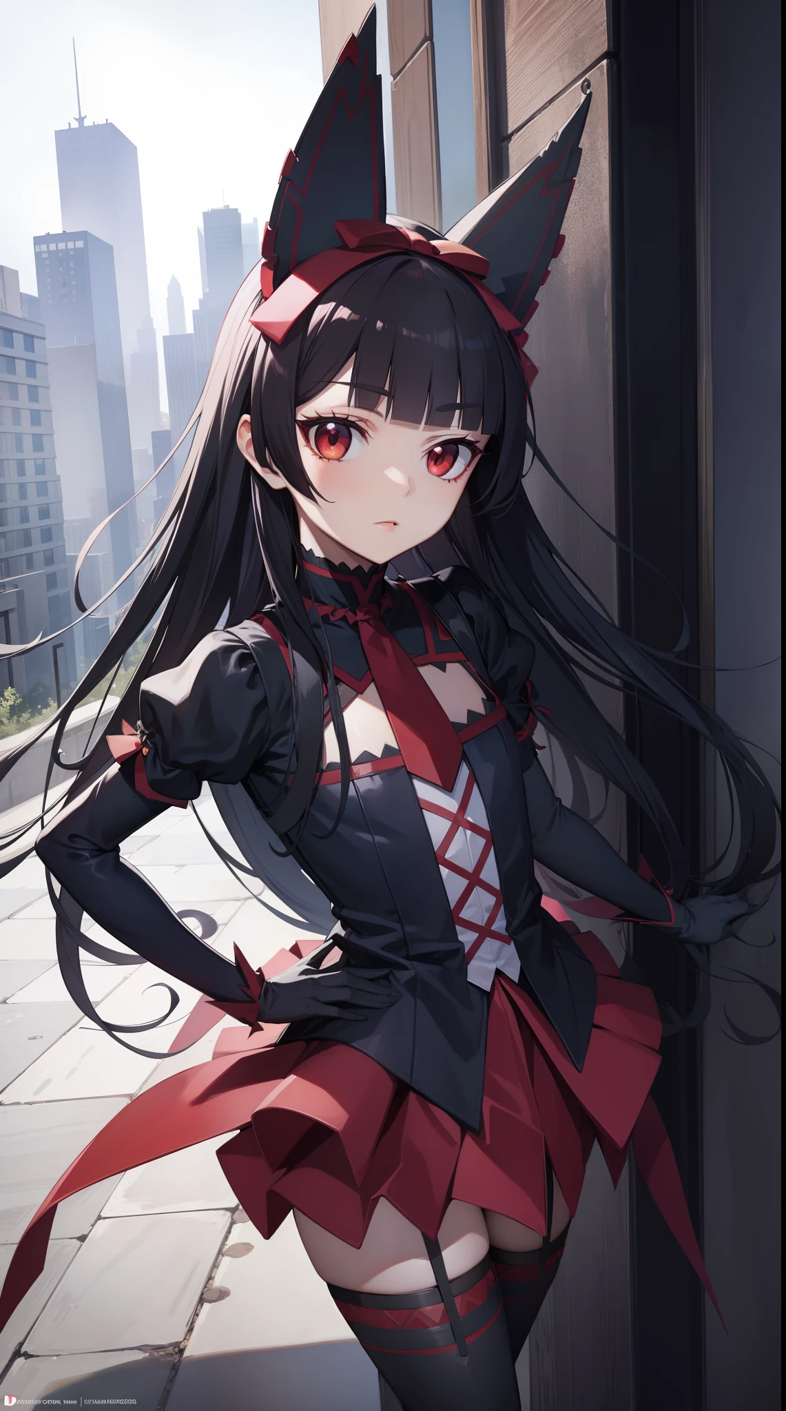 rorymercury, rory mercury, black hair, blunt bangs, hime cut, hair ornament, lipstick, long hair, makeup, Cute Face, (small chest:1.2), (red eyes:1.5), BREAK black gloves, black thighhighs, garter straps, gloves, gothic, hair bow, gothic fashion, puffy short sleeves, puffy sleeves, short sleeves, thighhighs, BREAK outdoors, Night city, BREAK looking at viewer, BREAK (masterpiece:1.2), best quality, high resolution, unity 8k wallpaper, (illustration:0.8), (beautiful detailed eyes:1.6), extremely detailed face, perfect lighting, extremely detailed CG, (perfect hands, perfect anatomy),