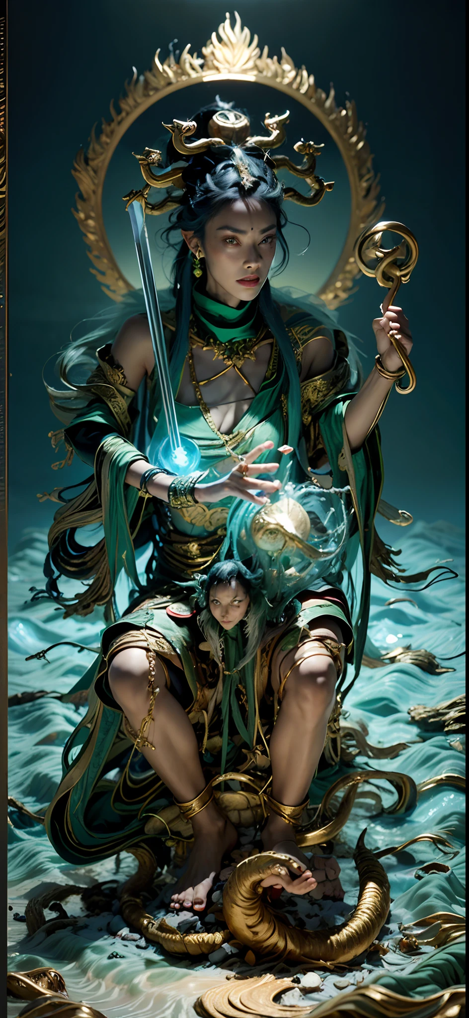 mythical character，Avatar，(((green colored skin：1.1​)))，Homem de meia idade，Water god，Glamorous，Ken Takakura，Treading the waves，Control the water，(((Step on the turtle)))，(((Sword in hand)))，(((Snake in hand)))，Surrounded by water，Shirtless，Bare legs，Barefoot Feet，(((com um rosto quadrado)))，emaciated，sbeard，com um rosto quadrado，Wide face，One meter nine，small heads，long leges，Tall guy，com um rosto quadrado，(((Strong facial muscles)))，(((Chen Daoming)))，（((little beard))）There are six snakes on top of their heads，spray，Basketball player body proportions，chineseidol，looking toward the viewer，Black pupils，The body is well-proportioned，Long legs，Straight back，Fitness trainer，Movie stars are glamorous,(((Heads-up)))，Handsome，Indian，muscular face，Muscular body，Perfect proportions，The muscles have expressions in both eyes，King Yan Luo stared ahead，(((Coarse cloth clothes)))，(((Ancient Roman clothing)))，coarse cloth，There are muscles，，(((Shirtless)))，(((Head background with round light)))，(((Behind it is the sun)))，(((The man emits a bright and dazzling light)))，King Yan took away the metal weapon，Take the Skeleton Staff as an example，Barefoot on both feet，Step on the waves，photorealestic，professional photoshooting，Realiy，超高分辨率，tmasterpiece，