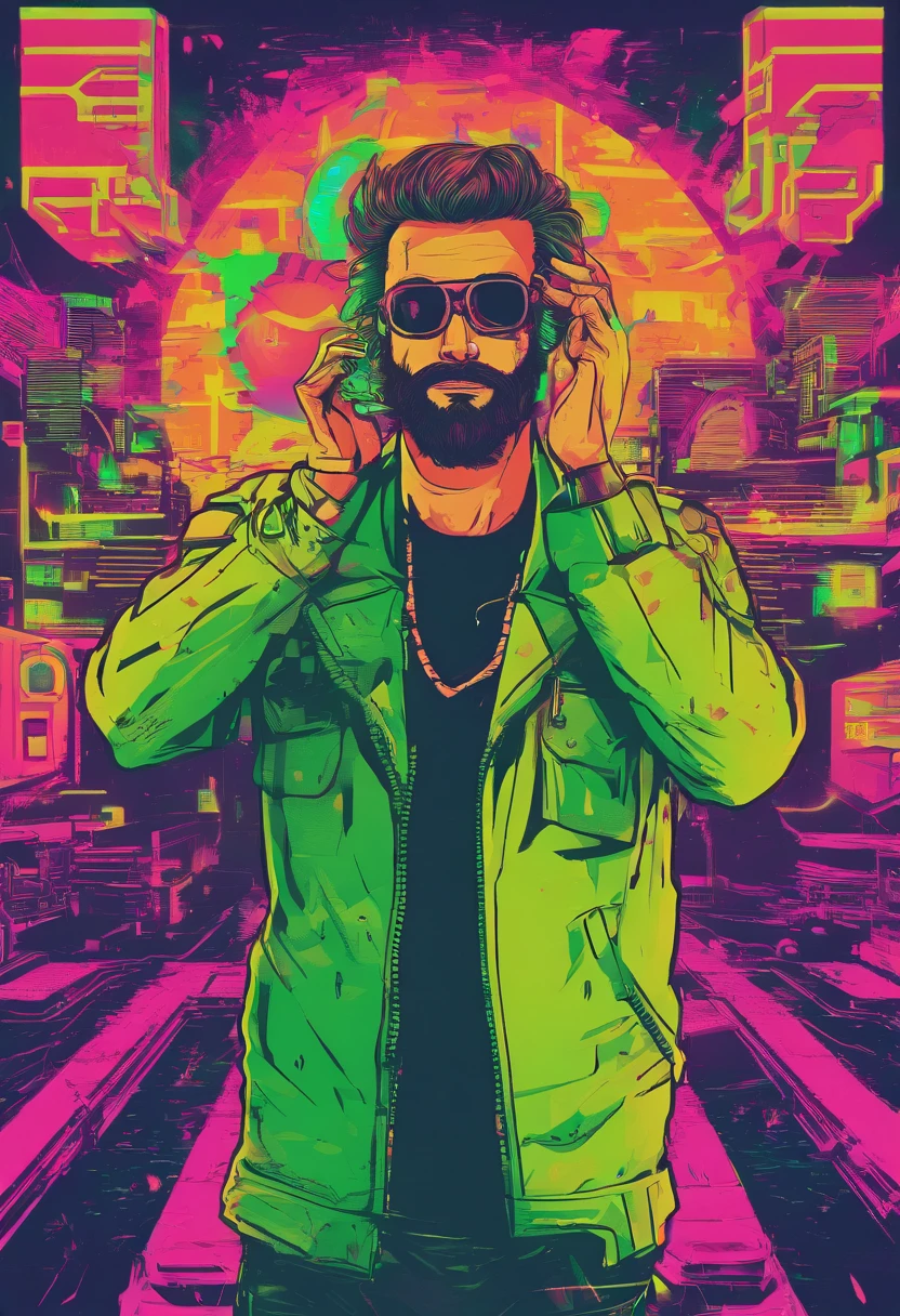 personagem ruivo com barba e com o olho direito verde,smiling having a flare-up with his hands on his head,Make an outline as if it were in a book
