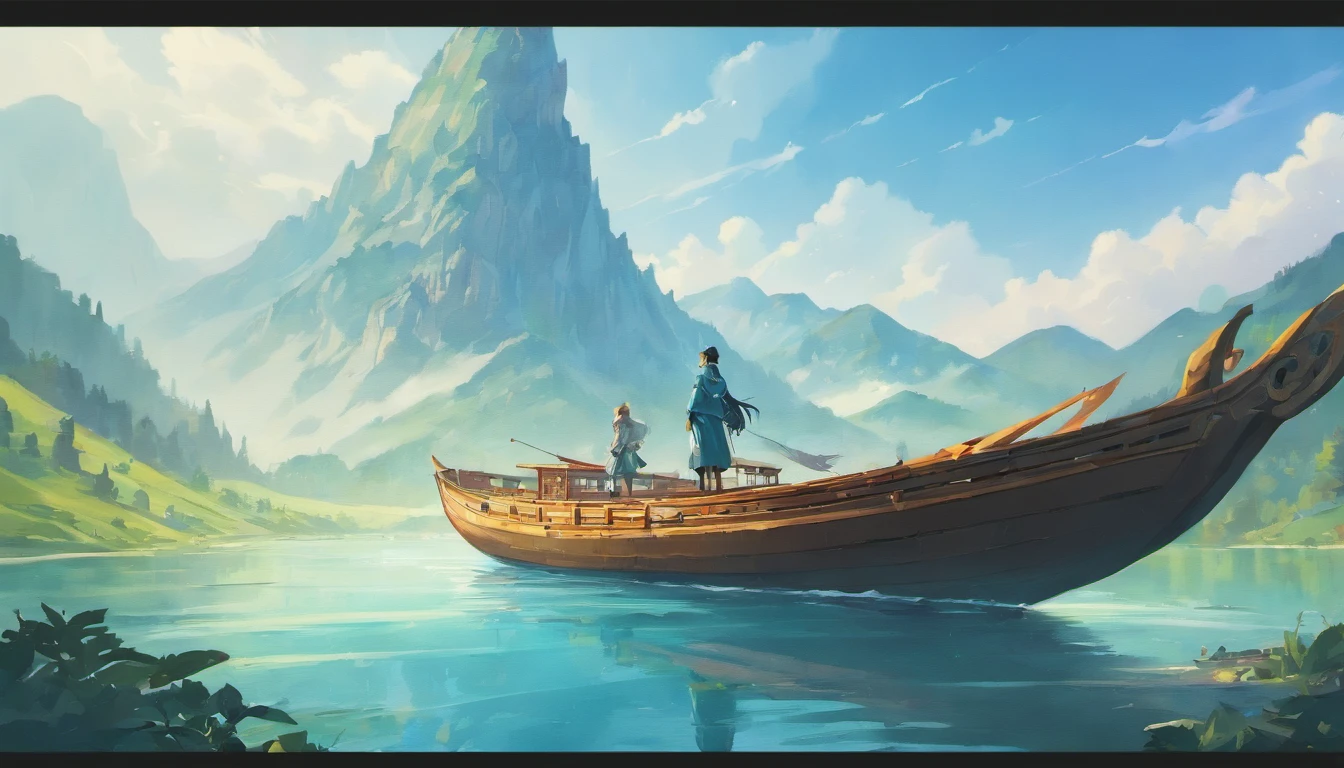 Draw boats in lakes of mountains and white clouds, The ship flies in the sky，Huge sails，dreamlike digital painting, fantasy digital painting, fantasy. gondola boat, Chinese style painting, digital cartoon painting art, glossy digital painting, Chinese painting style, Digital fantasy painting, 8k resolution digital painting, 8 k resolution digital painting, Fantasy landscape painting, A beautiful artwork illustration, 4 k digital painting