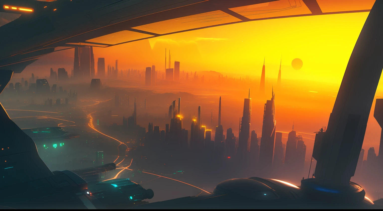 arafed view of a city with a sunset in the background, cyberpunk landscape wallpaper, sunrise over solar punk city, 4k solarpunk wallpaper, beautiful city of the future, cyberpunk city in the distance, in a future city, bastien grivet, futuristic painting, inspired by sylvain sarrailh, concept art wallpaper 4k, futuristic city backdrop