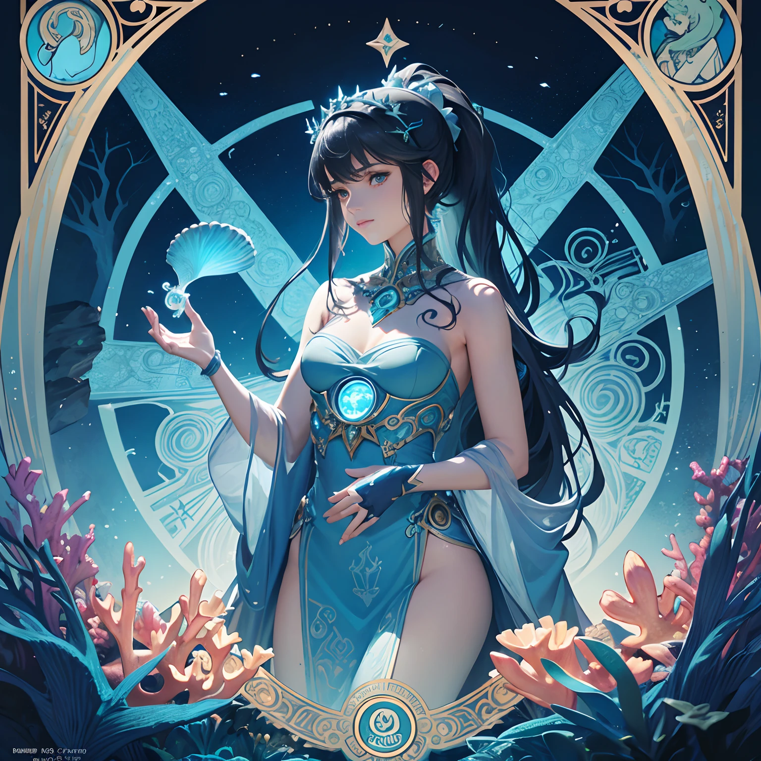 masterpiece, best quality, Alphonse Mucha, art nouveau,
(tarot card style:1.3), tarot framework with deep-sea motifs,
(dark shot:1.2), blue theme, dark and glowing,
1girl, grey brond hair, absurdly long hair, ponytail, upper body, from side, looking at viewer,
underwater flowers,
In the enigmatic depths of the ocean, a luminescent princess adorned with seashell and scale-inspired attire, among bioluminescent creatures, ancient underwater ruins, and vibrant coral reefs, where darkness and light coalesce to reveal the secrets of the deep,
Deep-sea creatures such as jellyfish, anglerfish, coelacanths, manta rays, an underwater princess character with fish scale and seashell-inspired dresses and accessories, colorful coral reefs and seagrass, gems and seashells, bioluminescent and fluorescent phenomena, bubble motifs, underwater architecture like ancient ruins or underwater castles, water currents and ripples, contrast between deep-sea darkness and emitted light,
cinematic lighting, dynamic lighting, intricate details, hyper realistic lifelike 3d,