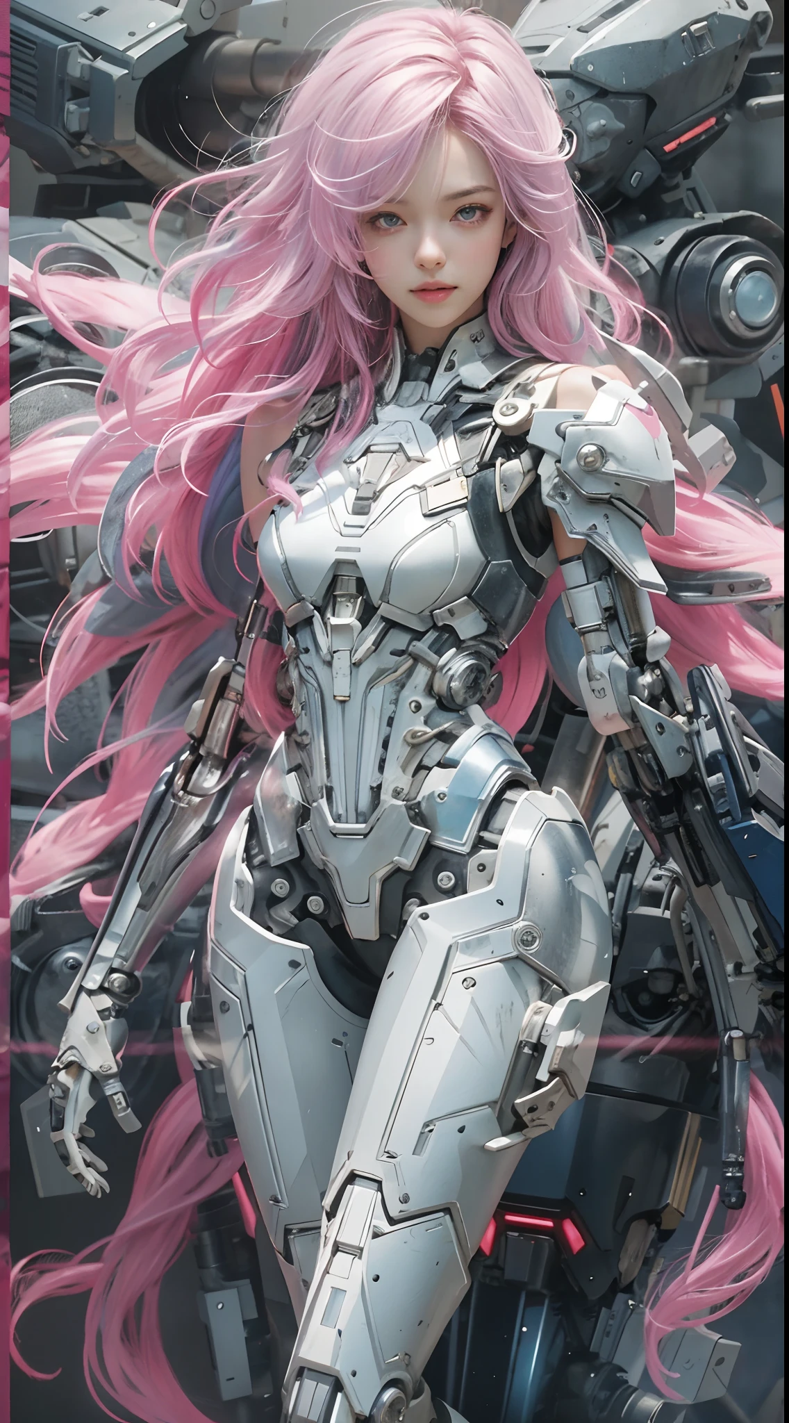 masterpiece, best quality, 1girl, solo, perfect face, looking at viewer, skin tight transparent vinyl, long blue hair, gray eyes, pale skin, shanyaogaoda, mecha, pink armor with white part, armor, helmet, lineart, dimly lit, low key, sharp focus, octane, backlighting, machinery, backlighting, shiny clothes, mechanical legs, thrusters, flying, hair ornament, high heels, shiny, artist name, standing, thighs, pink eyes, teeth, looking down, armored boots, cyborg, (big mechanical background:1.2), bare shoulders, lips, machine, The view from the bottom up, cosplay, RAW photo, delicate, best quality, (intricate details:1.3), hyper detail, finely detailed, colorful, 8k uhd, film grain, (studio lighting:1.2), (Fujifilm XT3), (photorealistic:1.3), (detailed skin:1.2)ultra high res, outside in the park with lake, best quality, photo, 4k, (photorealistic:1.4)