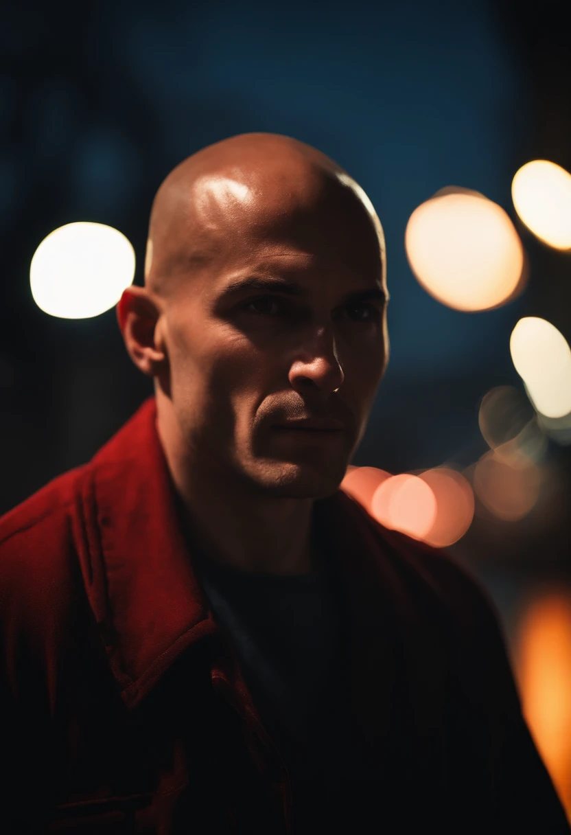 The Man with the Evil Smile Button-Down Shirt, Rain in the city, fire, burning in the background, Shaved head, Red rim lighting, 8K, UHD, [candid, amateur], Cinematic lighting, upper-body, Highly detailed face, close up, serious face, villainous