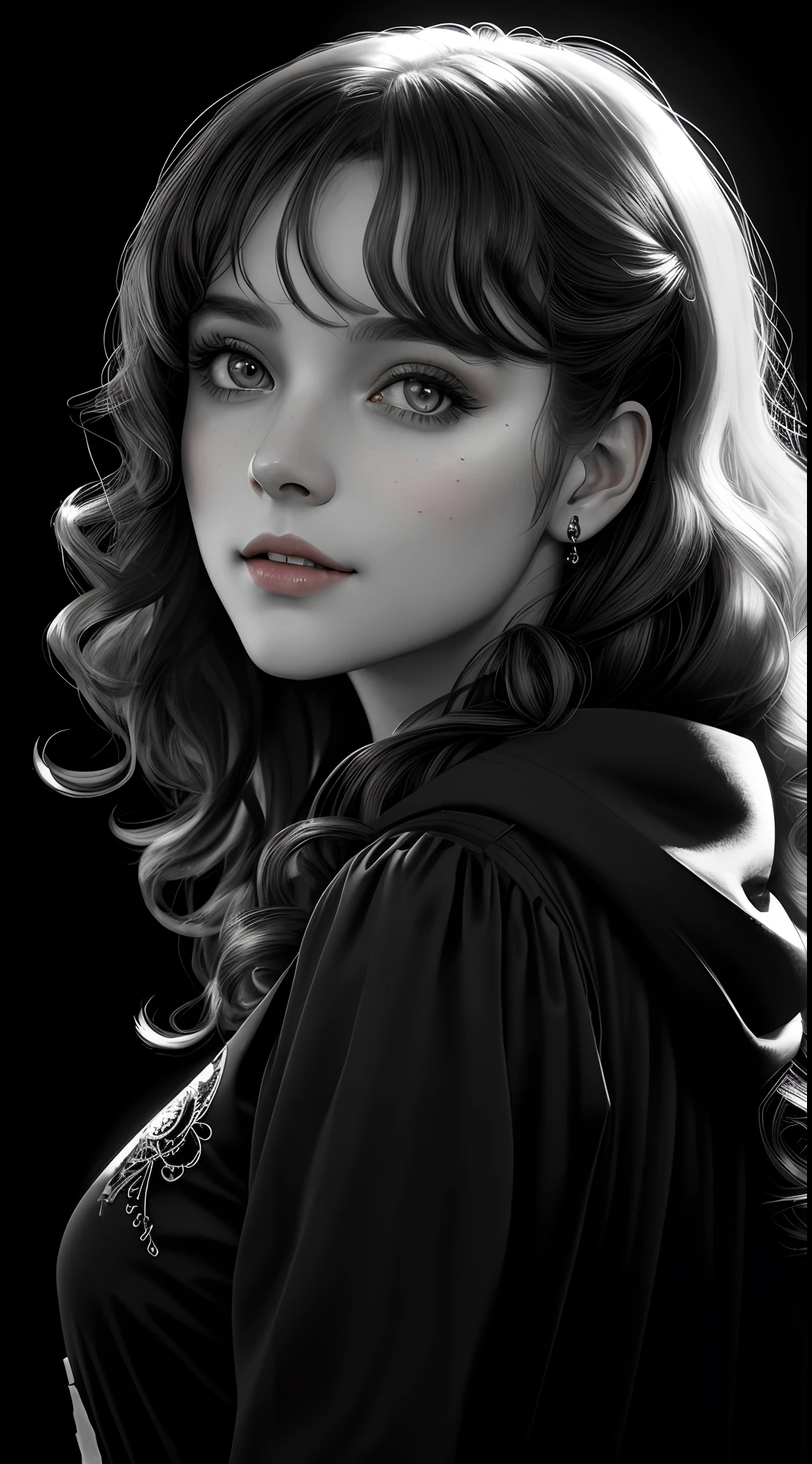 Russian Girl, Trends on ArtStation, Trends on CGSociety, Intricate, High Detail, Clear Focus, Dramatic, Realistic Art of Drawing, by Midjourney and Greg Rutkowski, ((Best Quality)), ((Masterpiece)), High Resolution, Original, Very Detailed Wallpaper, Very Delicate and Pretty, Illustration, Cinematic Light, Volumetric Light, Halo Effect, Light Particles, ((1girl)), beautifuldetailedeyes, longsleeves, hoodie, frills, noshadow, simplebackground, (((black background))), European, bright, (((1980s(style)))), cinema, silhouette, grayscale, monochrome, ((large wavy curls)), slit pupils, (((looking back))), cinematic angles, ((( (close-up))),(((portrait))), lens flare, seductive smile, tarot cards, medium hair