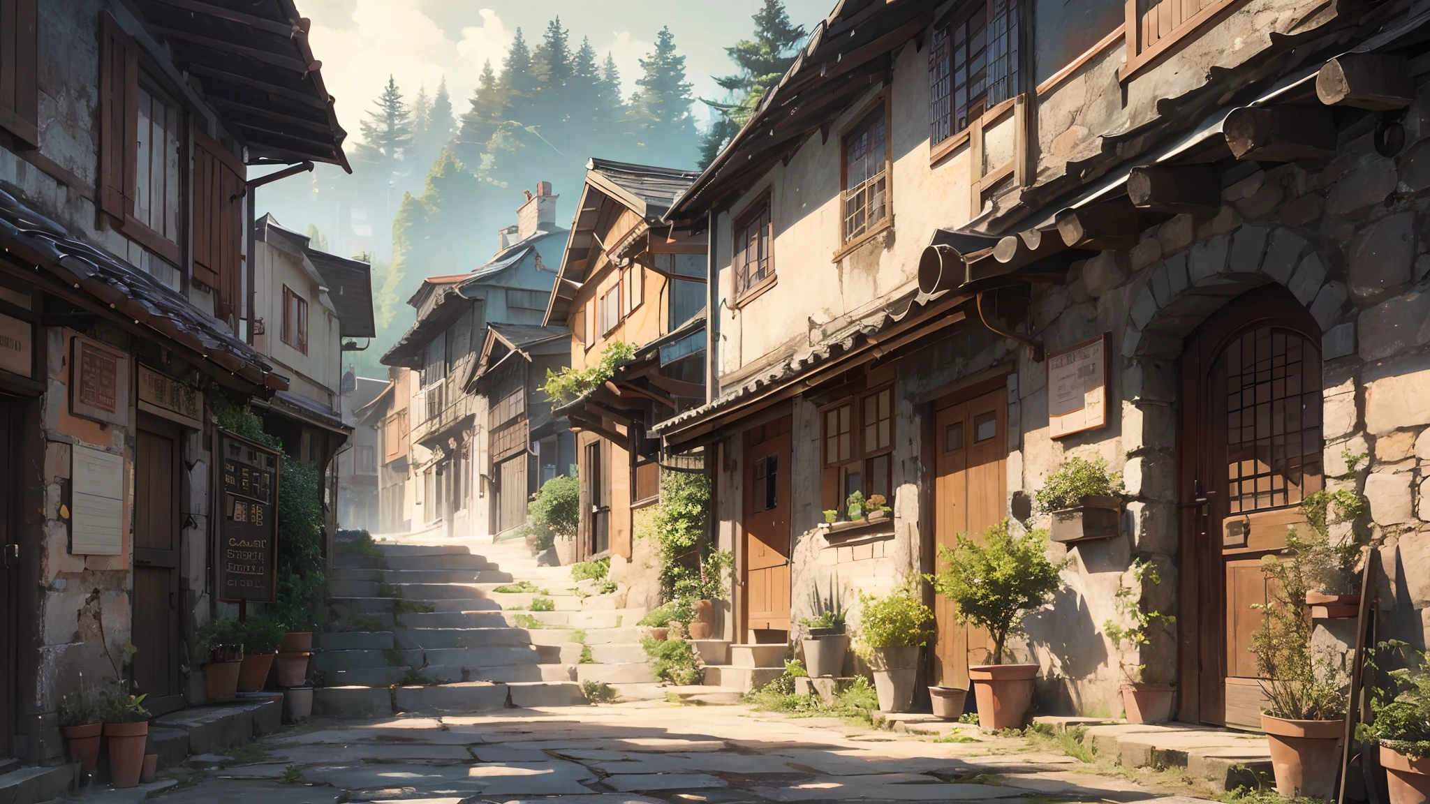 an old village is pictured along with wood steps, in the style of dream-like atmosphere, tooth wu, hazy, grandiose architecture, travel, intricate weaving, 8k,4K --auto --s2