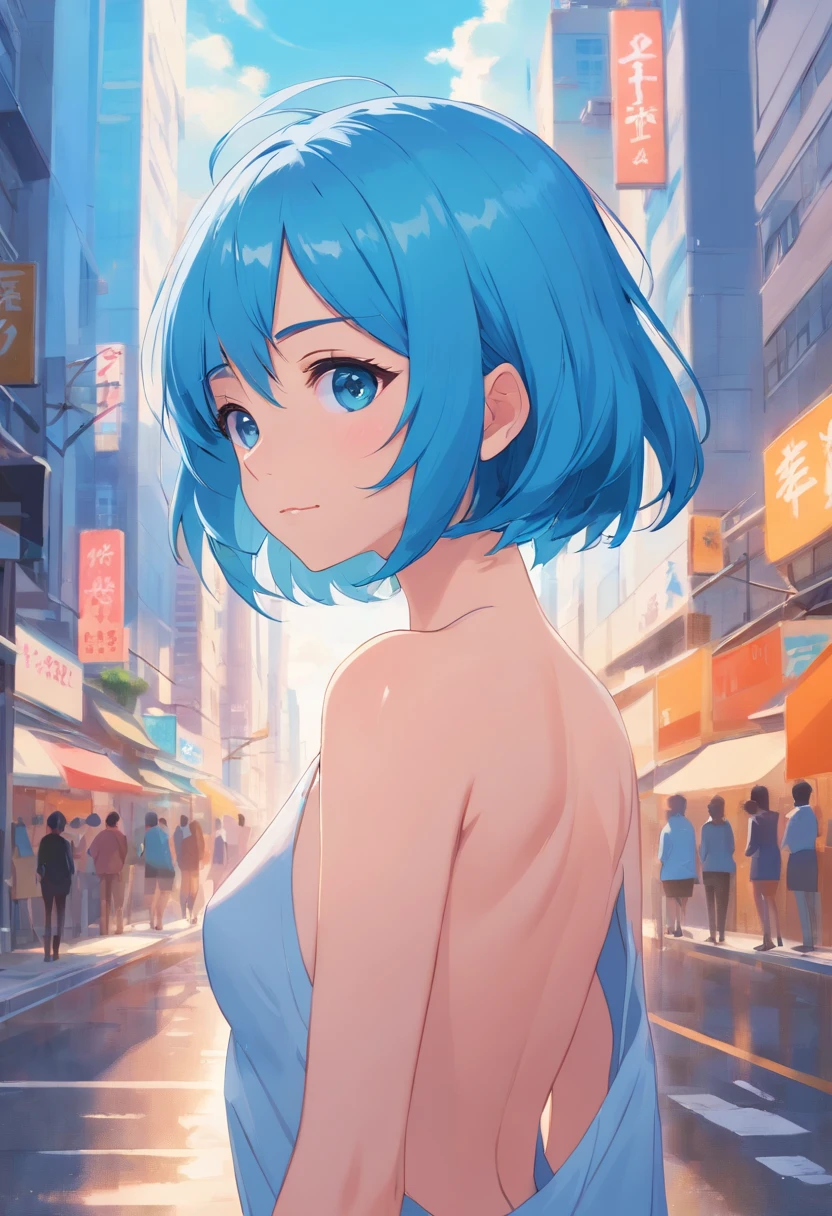 lightblue hair，Short Bob Hair Girl，blue color eyes，Beth，busy cityscape、(((fullnude)))、((Ecstacy face))