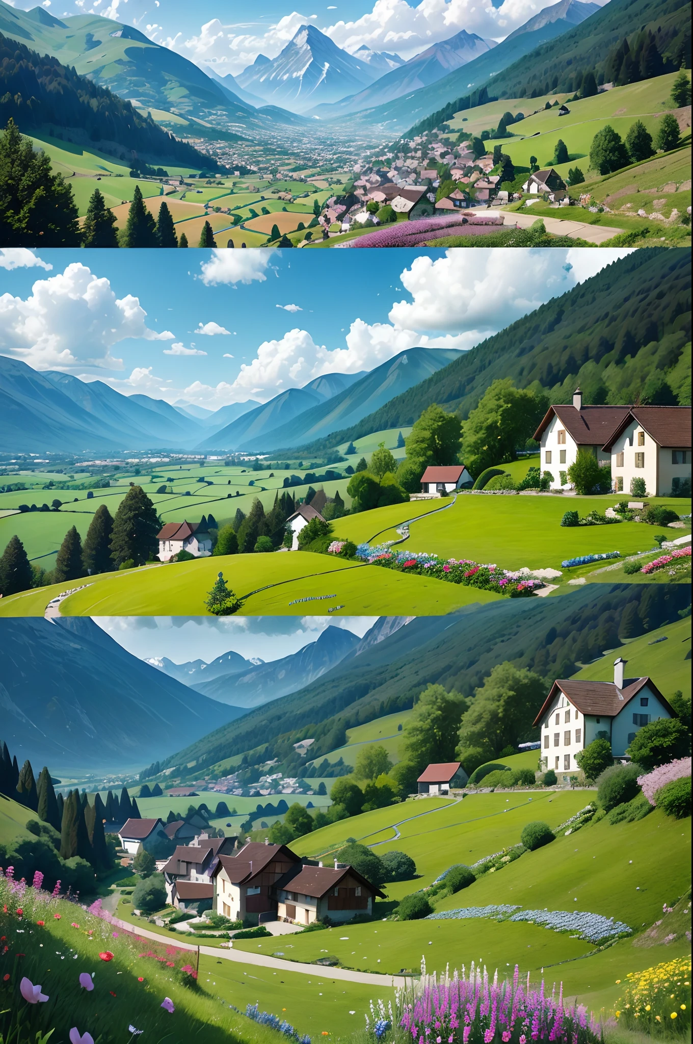 Peaceful and idyllic countryside, Rolling green hills dotted with grazing sheep, Charming villa，Set amidst vibrant flowers, Clear blue sky overhead, Evokes a sense of peace and simplicity, Valle encantador, switzerland, patches of green fields, lush countryside, Valle exuberante,An idyllic village in Milan,，verdant green fields，above a village，Rolling terraces，Colorful garden of flowers and plants，Alpine scenery in the Swiss countryside under the Alps，Carl Sezer Bern，Majestic nature, Swiss architecture, lindo cenario, rios，waterfallr