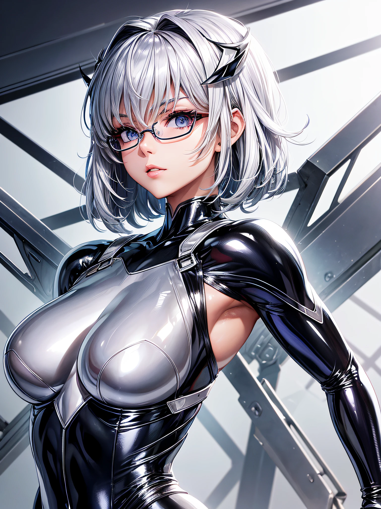 5 8K UHD、Muscular beauty with short silver hair wearing shiny full-body silver suit with glasses with arms behind her head、Beauty with shiny silver latex suit glasses with hidden skin、Lower front upper body only