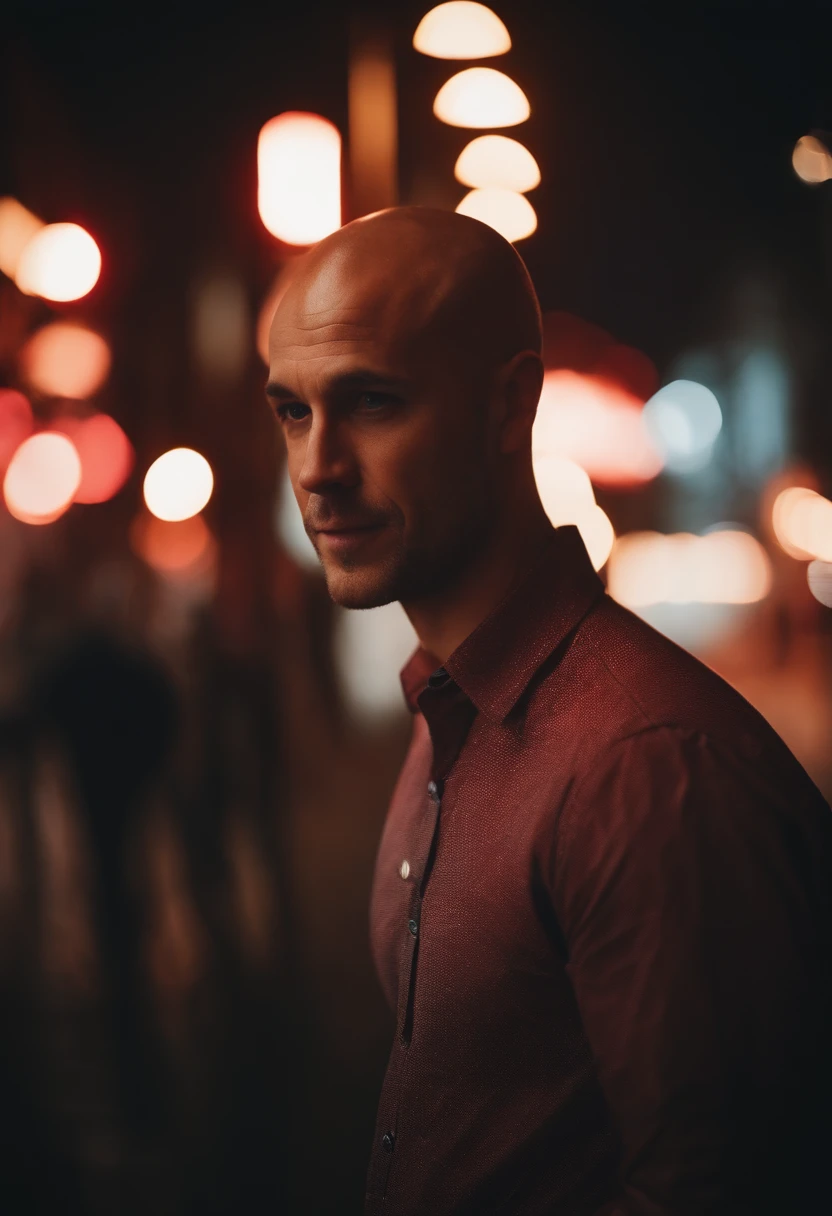 The Man with the Evil Smile Button-Down Shirt, Rain in the city, fire, burning in the background, Shaved head, Red rim lighting, 8K, UHD, [candid, amateur], Cinematic lighting, upper-body, Highly detailed face, close up, serious face, villainous