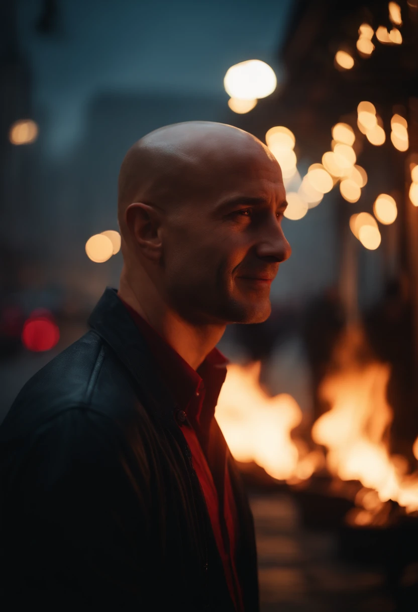 The Man with the Evil Smile Button-Down Shirt, Rain in the city, fire, burning in the background, Shaved head, Red rim lighting, 8K, UHD, [candid, amateur], Cinematic lighting, upper-body, Highly detailed face, close up, serious face, villainous