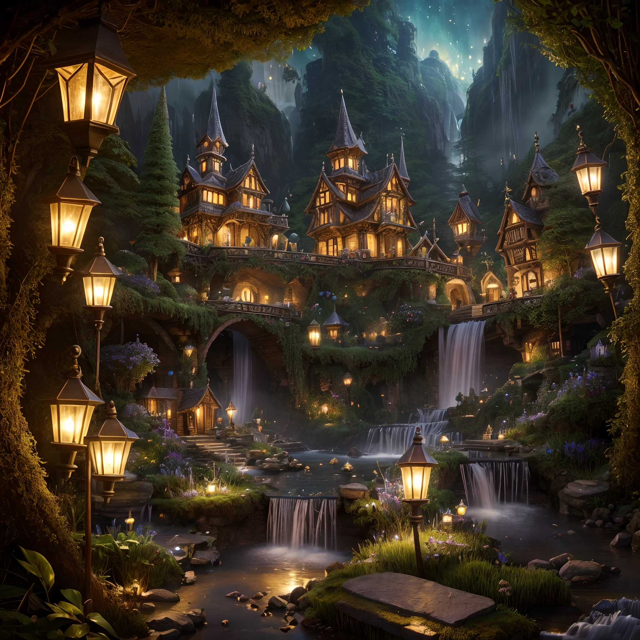 (best quality, 4k, 8k, highres, masterpiece:1.2), ultra-detailed, realistic:1.37, a hidden city of gnomes, underground environment, mystical ambiance, ancient architecture, vibrant colors, magical lighting, intricate details, whimsical atmosphere, bustling gnome community, cobblestone streets, ornate doors and windows, enchanting flora and fauna, winding tunnels, secret passageways, cozy gnome homes, elaborate sculptures, sparkling gems and crystals, shimmering waterfalls, mysterious shadows, hidden treasures, flickering lanterns, mischievous gnome activities, sense of wonder and adventure, immersive exploration, rich history and folklore
