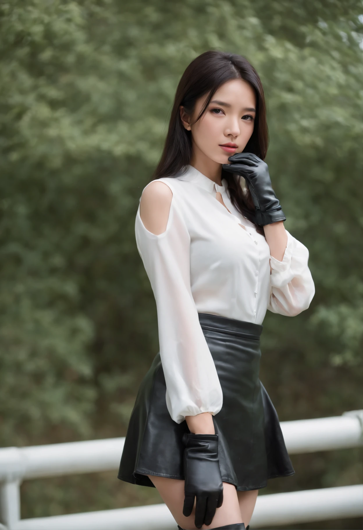Black leather gloves, black leather tight skirt, white blouse, black leather long boots, black hair straight Japanese girl