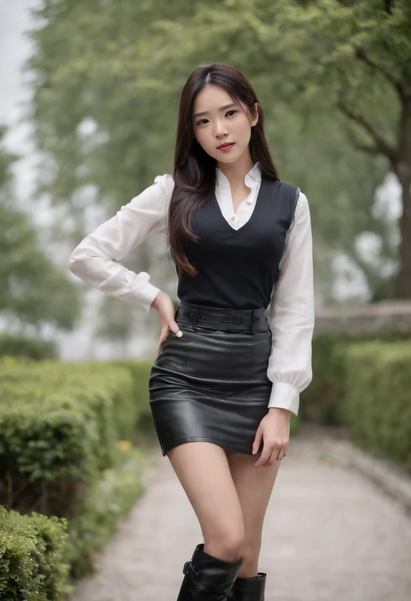 Black leather gloves, black leather tight skirt, white blouse, black leather long boots, black hair straight Japanese girl