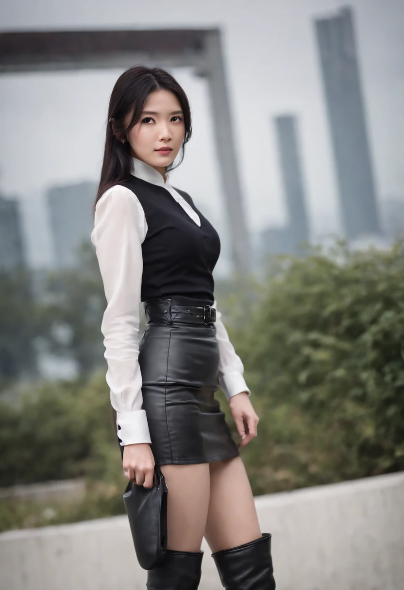 Black leather gloves, black leather tight skirt, white blouse, black leather long boots, black hair straight Japanese girl