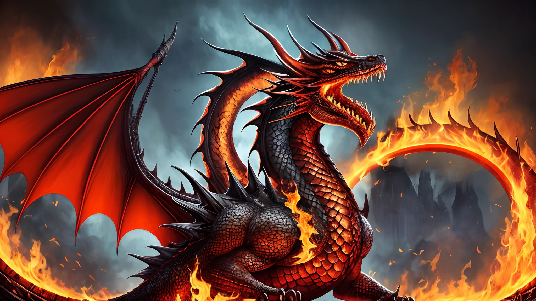 a red dragon with a long tail and a long tail is in flames, fire dragon, dragon art, red dragon, ''dragon breathing fire, dragon portrait, 🌺 cgsociety, fire flaming dragon serpent, “fire breathing dragon, a red dragon, phoenix dragon, portrait of a dragon, dragon breathing fire, soft delicate draconic features, dragon face, fire breathing dragon