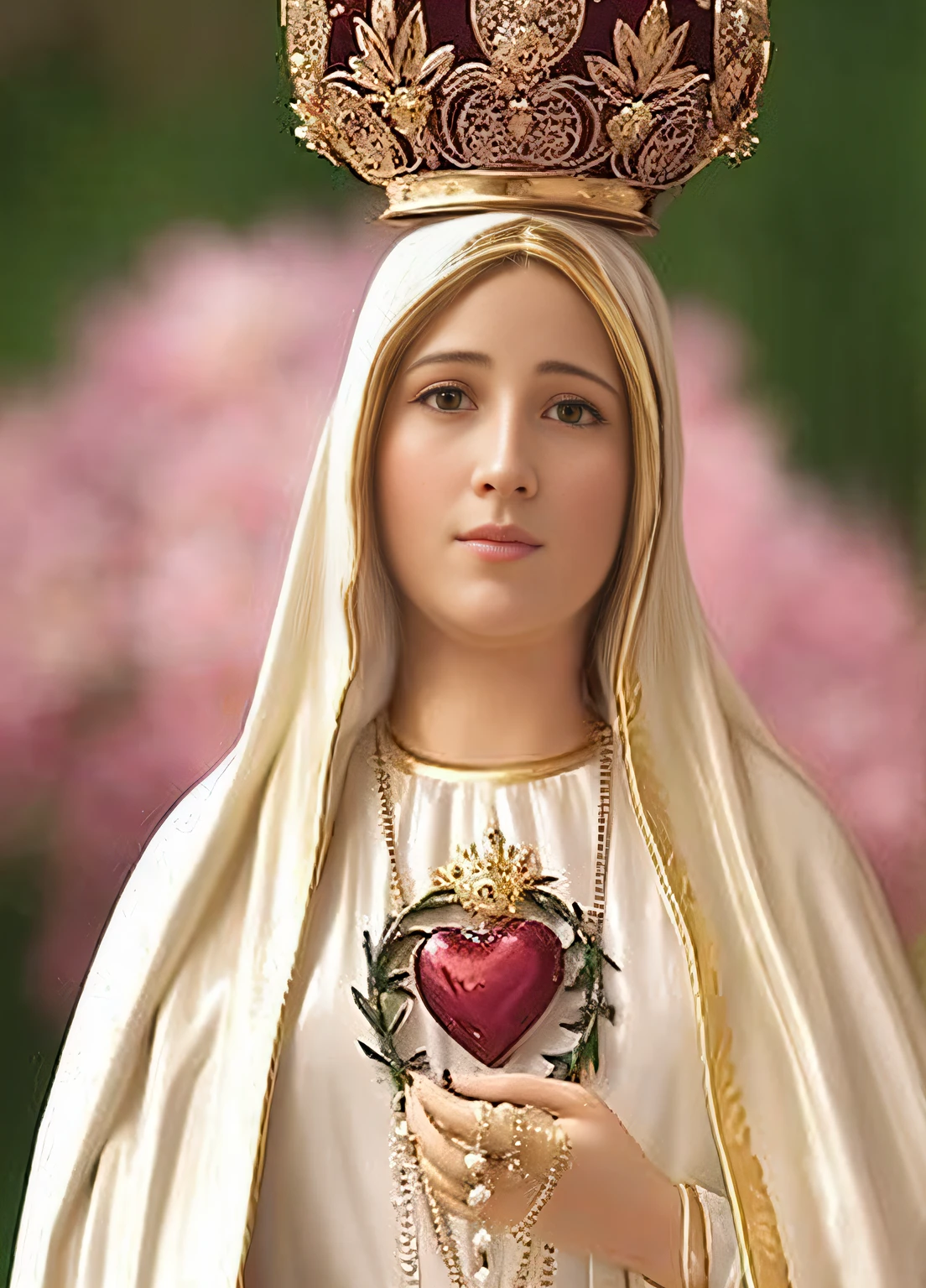 A statue of the Virgin Mary holding a heart, Virgin Mary, majestic Holy Woman, Queen of Heaven, Holy Woman, Religious iconography, Catholic icon, Mary in a shrine, Roman Catholic icon, Religious sculpture, immaculately detailed, Immaculate, Catholic, Portrait of the Virgin Mary, Holy Image, Holy Art, Holy Iconography, realistic image, best quality, masterpiece, highres, beautiful face, looking at the viewer, light smile, closed mouth, lips, dress, beautiful face, photorealistic, rim lighting, two-tone lighting, (high detailed skin: 1.2), 8k uhd, dslr, soft lighting, high quality, volumetric lighting, candid, photography, high resolution, 4k, 8k, Bokeh, no earrings