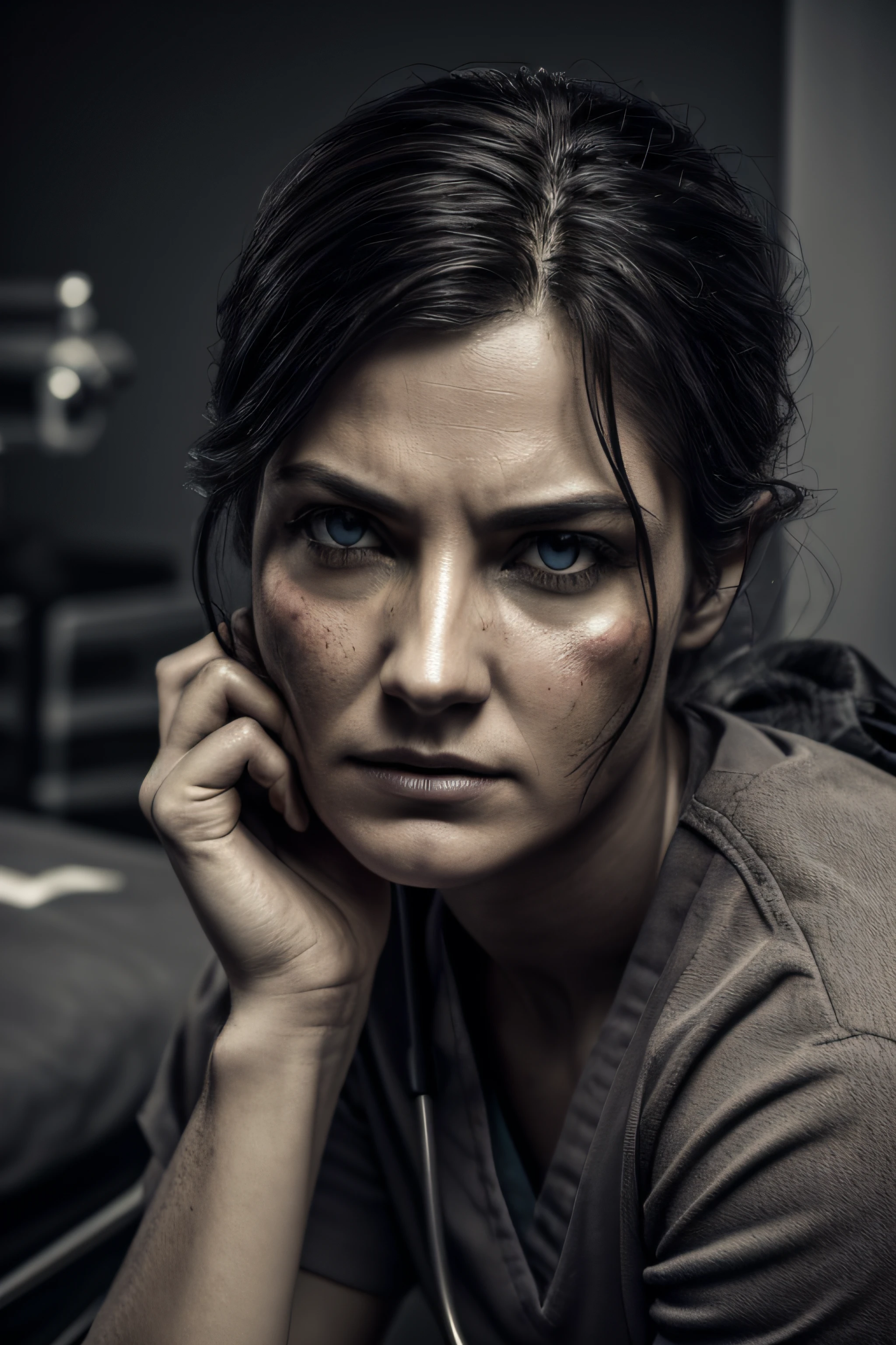 (infered,3D render,illustration)(dark and moody, dramatic lighting)(best quality,highres,extreme detail description)(tired,stressed nurse)(detailed facial expression,exhausted look)(leaning on a table)(emphasize tired eyes,heavy bags under eyes)(disheveled hair)(medical scrubs)(hospital setting)(medical equipment)(dimly lit room)(muted colors, desaturated tones)
