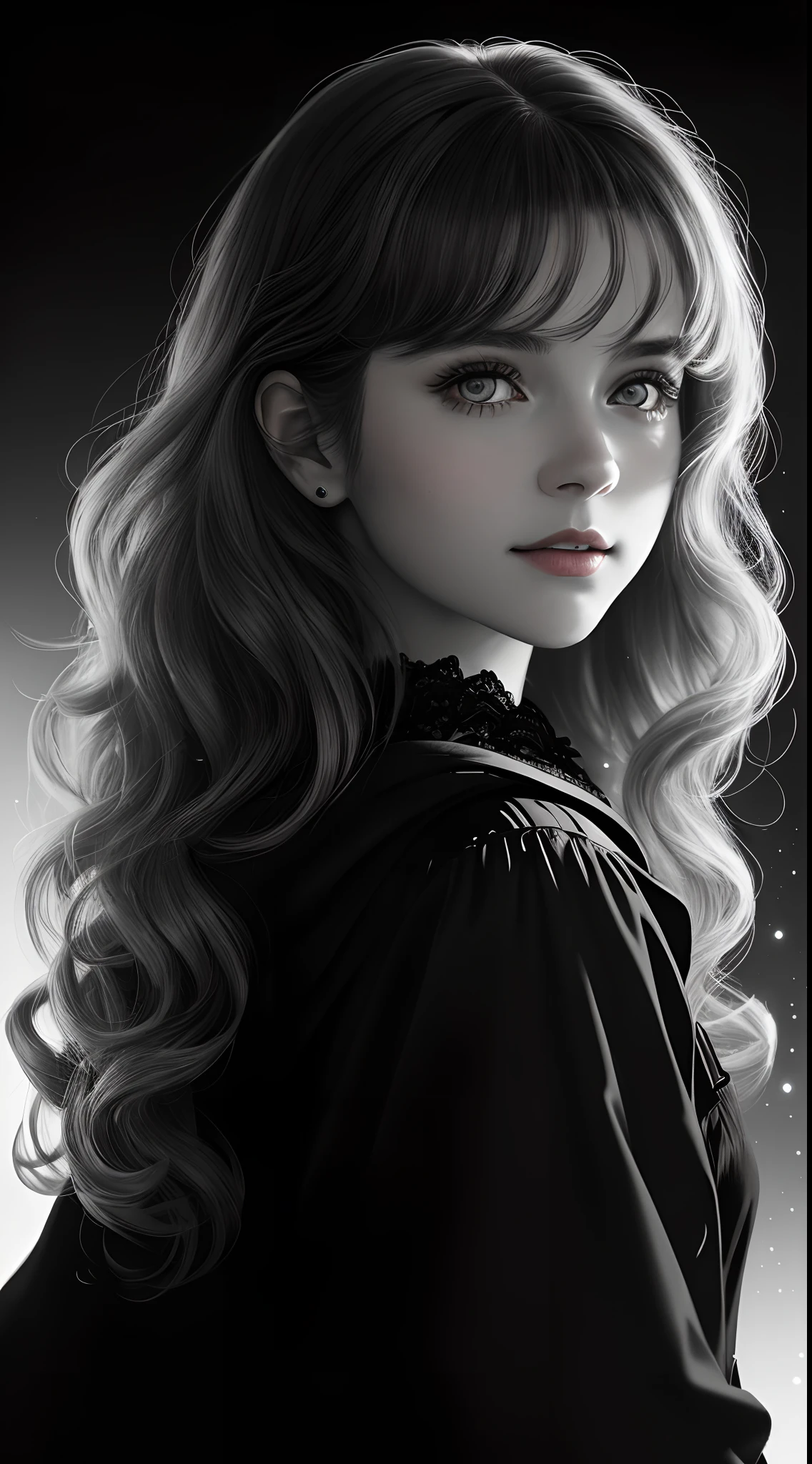 Russian Girl, Trends on ArtStation, Trends on CGSociety, Intricate, High Detail, Clear Focus, Dramatic, Realistic Art of Drawing, by Midjourney and Greg Rutkowski, ((Best Quality)), ((Masterpiece)), High Resolution, Original, Very Detailed Wallpaper, Very Delicate and Pretty, Illustration, Cinematic Light, Volumetric Light, Halo Effect, Light Particles, ((1girl)), beautifuldetailedeyes, longsleeves, hoodie, frills, noshadow, simplebackground, (((black background))), European, bright, (((1980s(style)))), cinema, silhouette, grayscale, monochrome, ((large wavy curls)), slit pupils, (((looking back))), cinematic angles, ((( (close-up))),(((portrait))), lens flare, seductive smile, tarot cards, medium hair