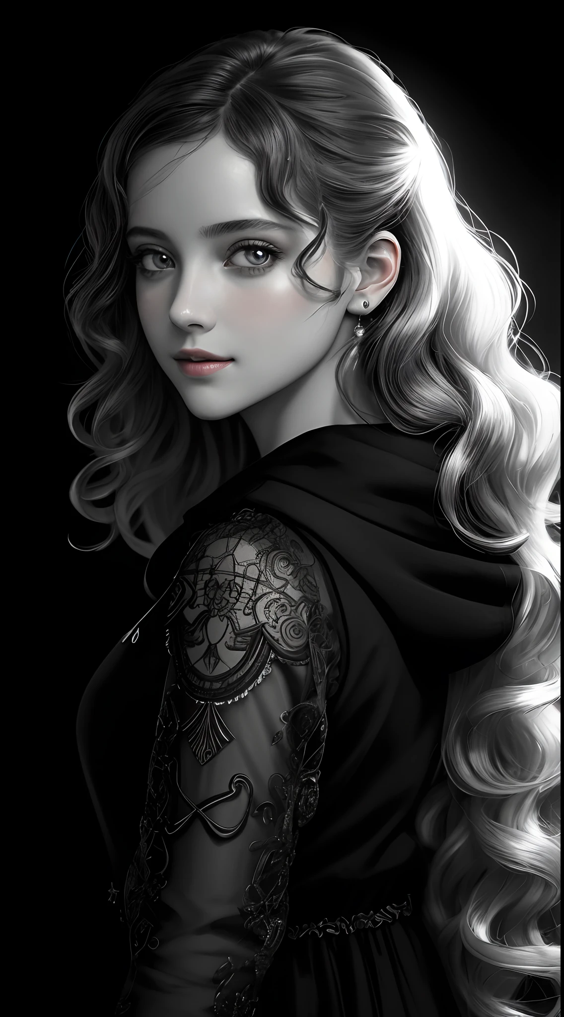 Russian Girl, Trends on ArtStation, Trends on CGSociety, Intricate, High Detail, Clear Focus, Dramatic, Realistic Art of Drawing, by Midjourney and Greg Rutkowski, ((Best Quality)), ((Masterpiece)), High Resolution, Original, Very Detailed Wallpaper, Very Delicate and Pretty, Illustration, Cinematic Light, Volumetric Light, Halo Effect, Light Particles, ((1girl)), beautifuldetailedeyes, longsleeves, hoodie, frills, noshadow, simplebackground, (((black background))), European, bright, (((1980s(style)))), cinema, silhouette, grayscale, monochrome, ((large wavy curls)), slit pupils, (((looking back))), cinematic angles, ((( (close-up))),(((portrait))), lens flare, seductive smile, tarot cards, medium hair