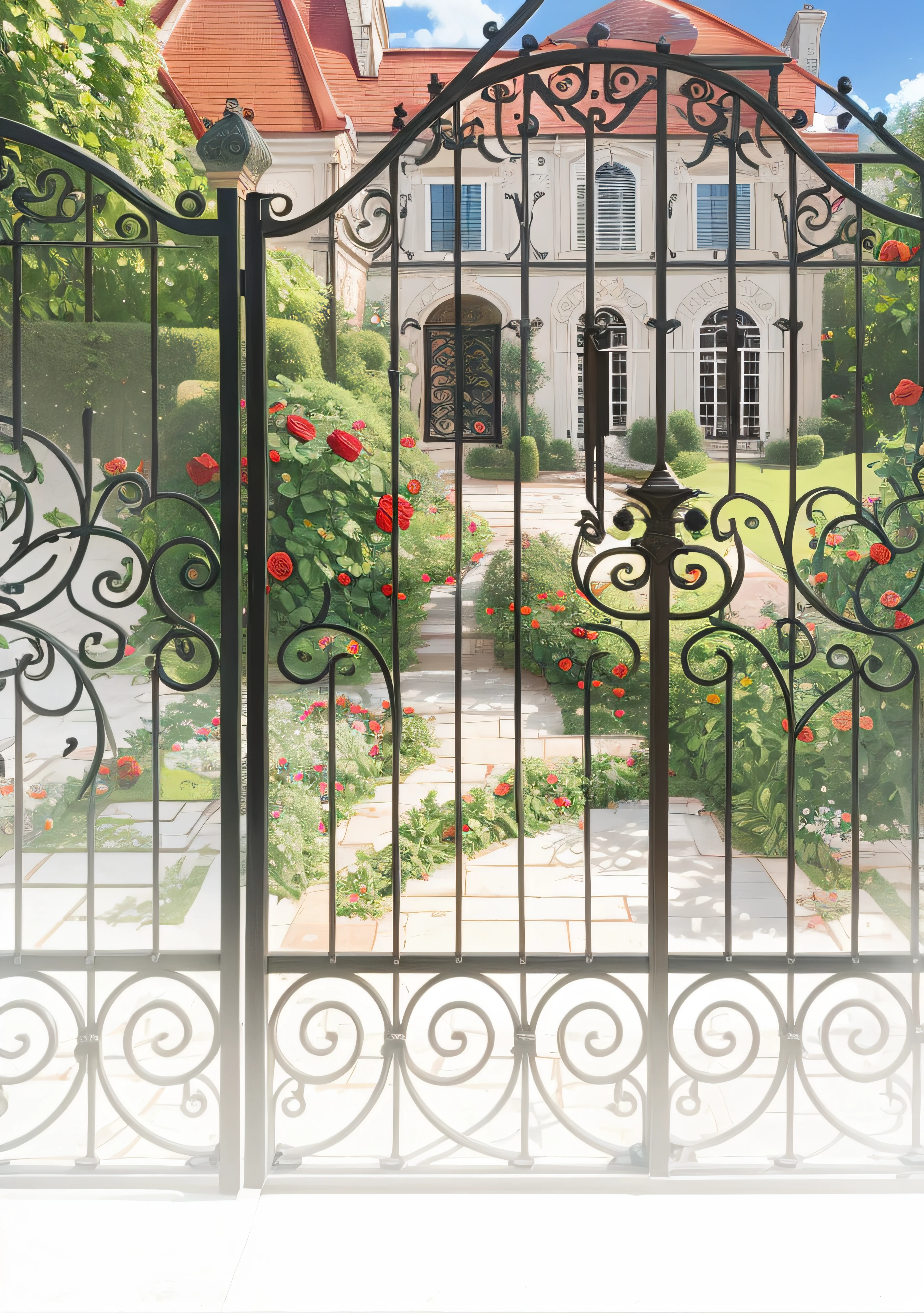 (((Red Roof 1.2)))、Wrought iron gate with roses and bushes in front of the house, ((Iron Gate))、(secret room)、Exquisitely gorgeous, Wrought iron with vine handle, Iron Gate, Wrought iron architecture, delightful surroundings, royal garden background, Swirling gardens, stunning images, highly ornate, With French Garden, French Garden, The Empress's Swirling Garden, Carefully designed, secret garden, Decorative edging, ornate and flowing、((((no human figures:1.3)))、Landscape painting,hightquality、high-level image quality、Create exquisite illustrations reminiscent of Makoto Shinkai's style, It has ultra-fine details and top-notch quality.