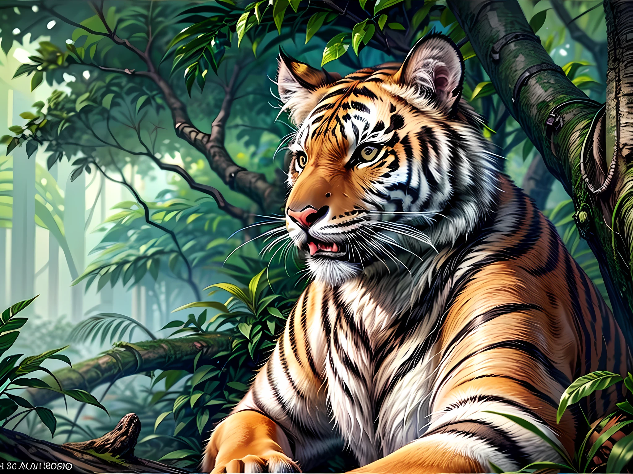 a close up picture of a tiger roaring while sitting in the branches of a tree in the jungle, a close up view on a (tiger: 1.5), feline eyes, bright fur, shining fur, roaring, lying on a tree branch in the jungle, (roaring: 1.2), (full open mouth view: 1.3), sense of king of the jungle is here, jungle trees background, best quality, 16k, ultra detailed, masterpiece, best quality, (ultra detailed), full body, ultra wide shot, photorealistic,