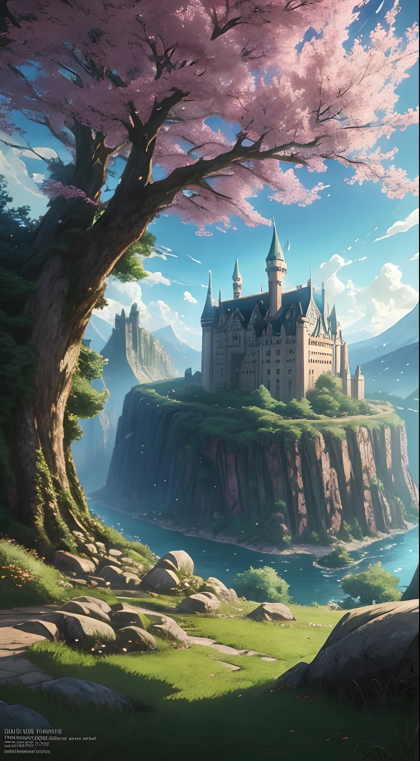 anime scene of a tree with a castle in the background, concept art by Kamagurka, pixiv contest winner, fantasy art, anime background art, anime concept hdr anime macmanus, 4k highly detailed digital art, background artwork, anime epic artwork, anime scenery concept art, 4k detailed digital art, made of tree and fantasy valley, (add_detail:1)