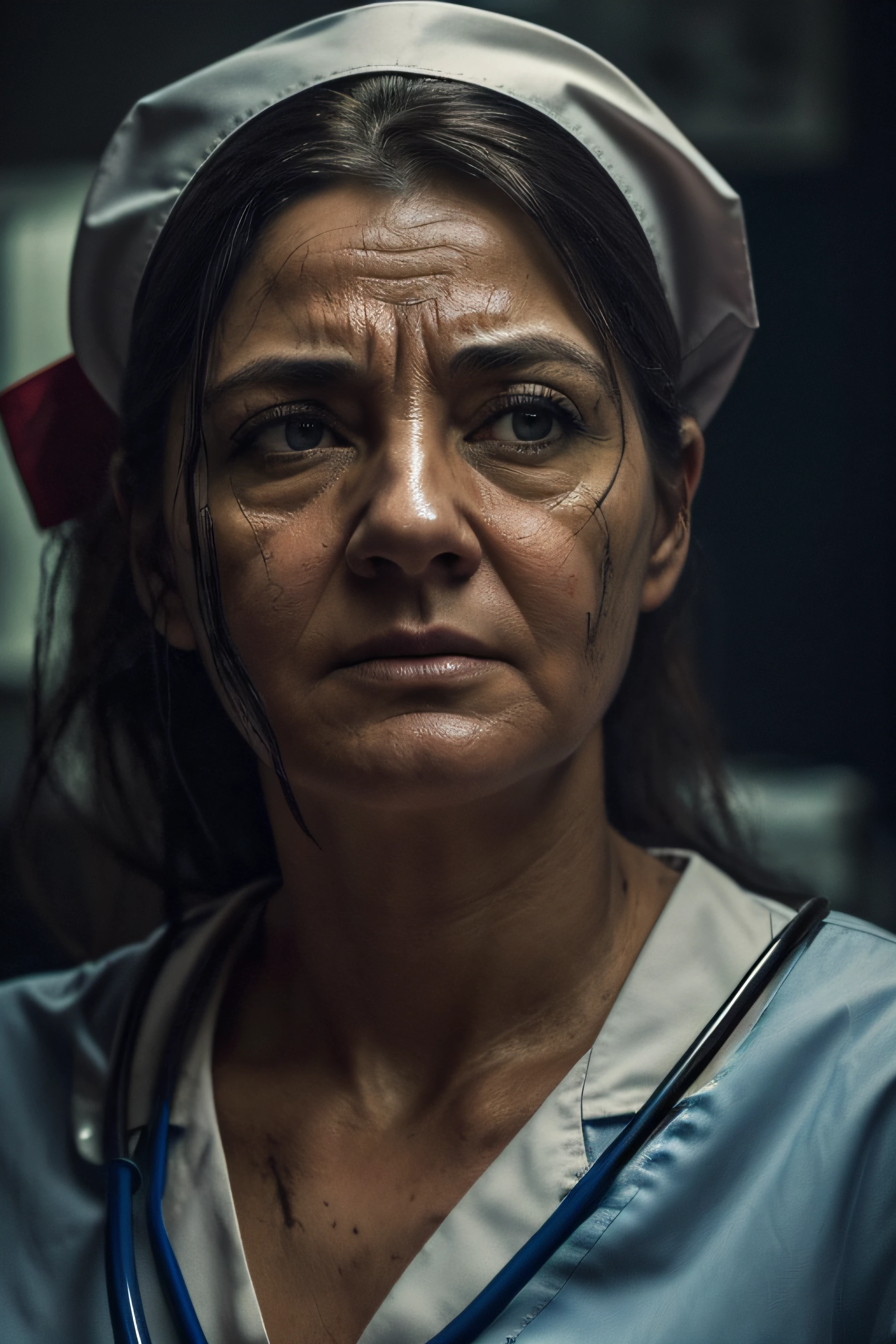(a tired and stressed nurse leans on a table),(dramatic scene),(oil painting),(dark and intense),(high contrast lighting),(realistic, highly detailed),(hospital setting),(exhausted expression on the nurse's face),(wrinkled scrubs),(harsh shadows),(emotive colors),(medical equipment in the background),(foreboding atmosphere),(emotionally charged),(attention to hands and facial features),(intimate viewpoint),(close-up on the nurse's eyes),(intense brushstrokes),(captivating storytelling),(impressive composition),(implied movement),(meticulous attention to textures),(captivating narrative)