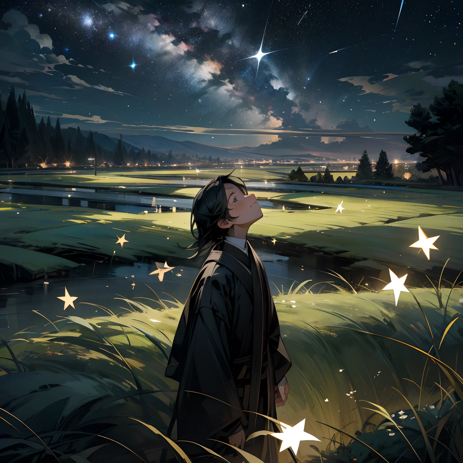 The sky is pitch black It inspires us in awe。There are many stars shining in the sky。The young man is looking up at the sky in。There is grass on the ground and a narrow river nearby