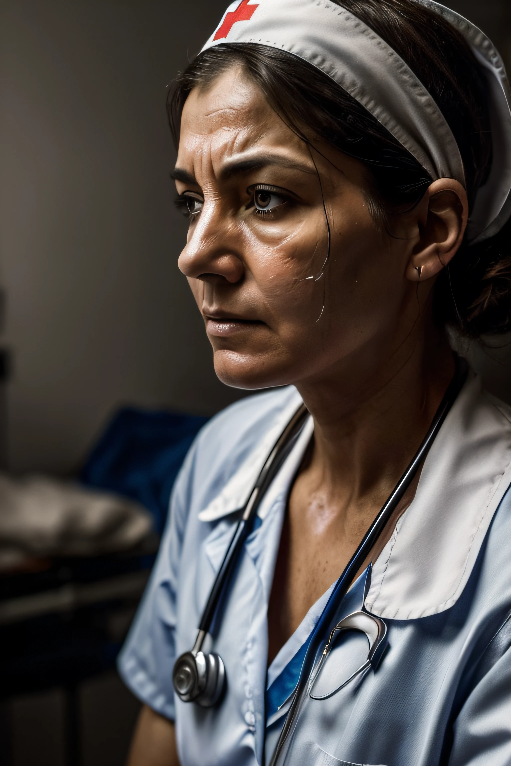 (a tired and stressed nurse leans on a table),(dramatic scene),(oil painting),(dark and intense),(high contrast lighting),(realistic, highly detailed),(hospital setting),(exhausted expression on the nurse's face),(wrinkled scrubs),(harsh shadows),(emotive colors),(medical equipment in the background),(foreboding atmosphere),(emotionally charged),(attention to hands and facial features),(intimate viewpoint),(close-up on the nurse's eyes),(intense brushstrokes),(captivating storytelling),(impressive composition),(implied movement),(meticulous attention to textures),(captivating narrative)