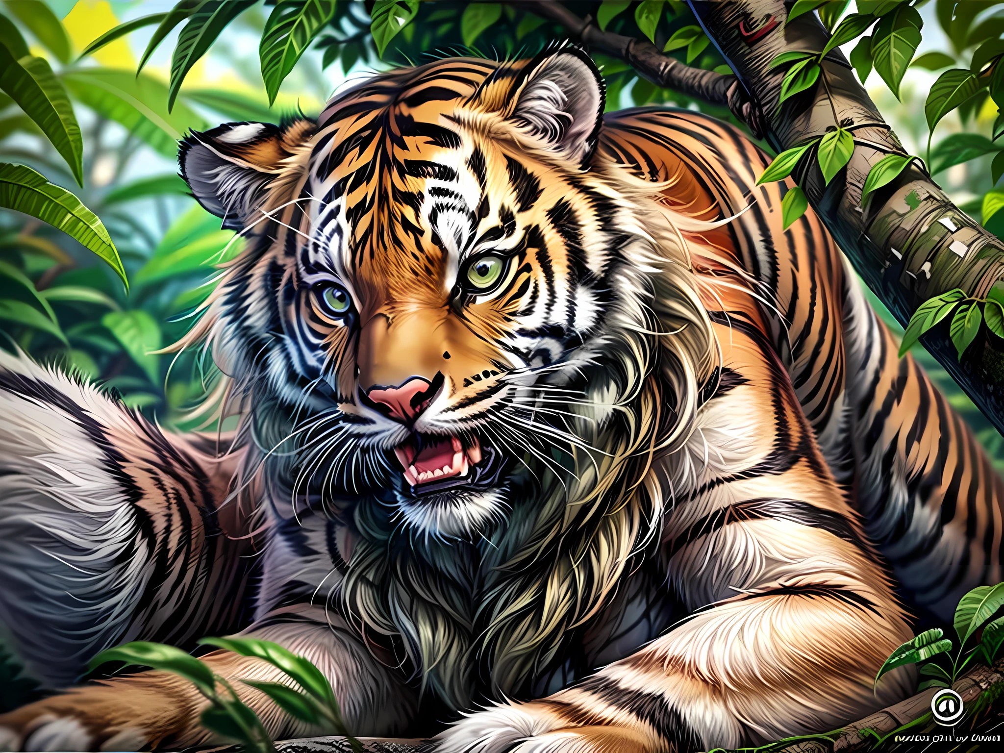 a close up picture of a tiger resting and roaring while sitting in the branches of a tree in the jungle, a close up view on a (tiger: 1.5), feline eyes, bright fur, shining fur, roaring, lying on a tree branch in the jungle, (roaring: 1.2), (full open mouth view: 1.3), sense of king of the jungle is here, jungle trees background, best quality, 16k, ultra detailed, masterpiece, best quality, (ultra detailed), full body, ultra wide shot, photorealistic,